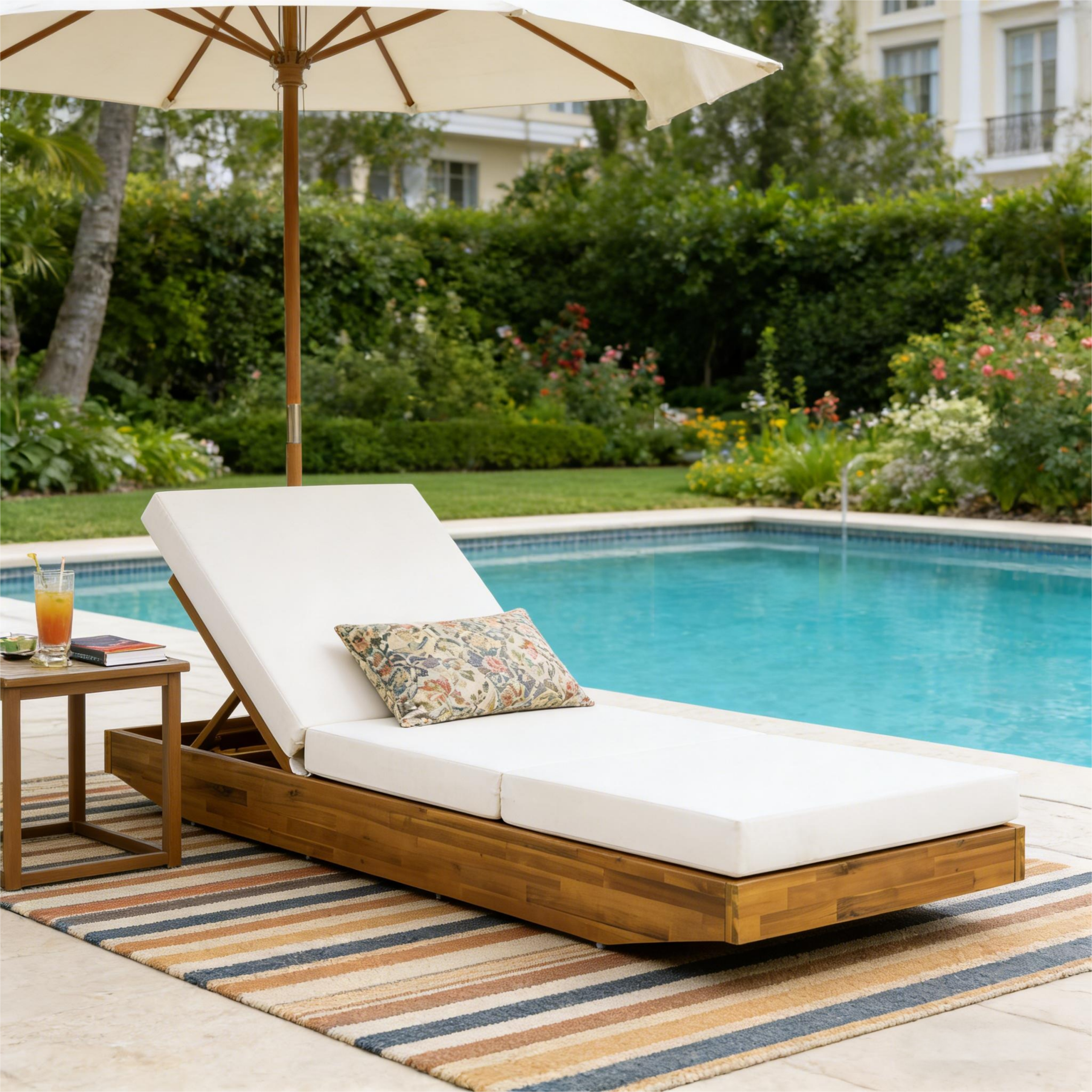 Acacia Wood Chaise Lounge with Cushion - Teak Finish Outdoor Recliner with Cream 3-Fold Water-Repellent Cushion, 300lbs Capacity - Image 5