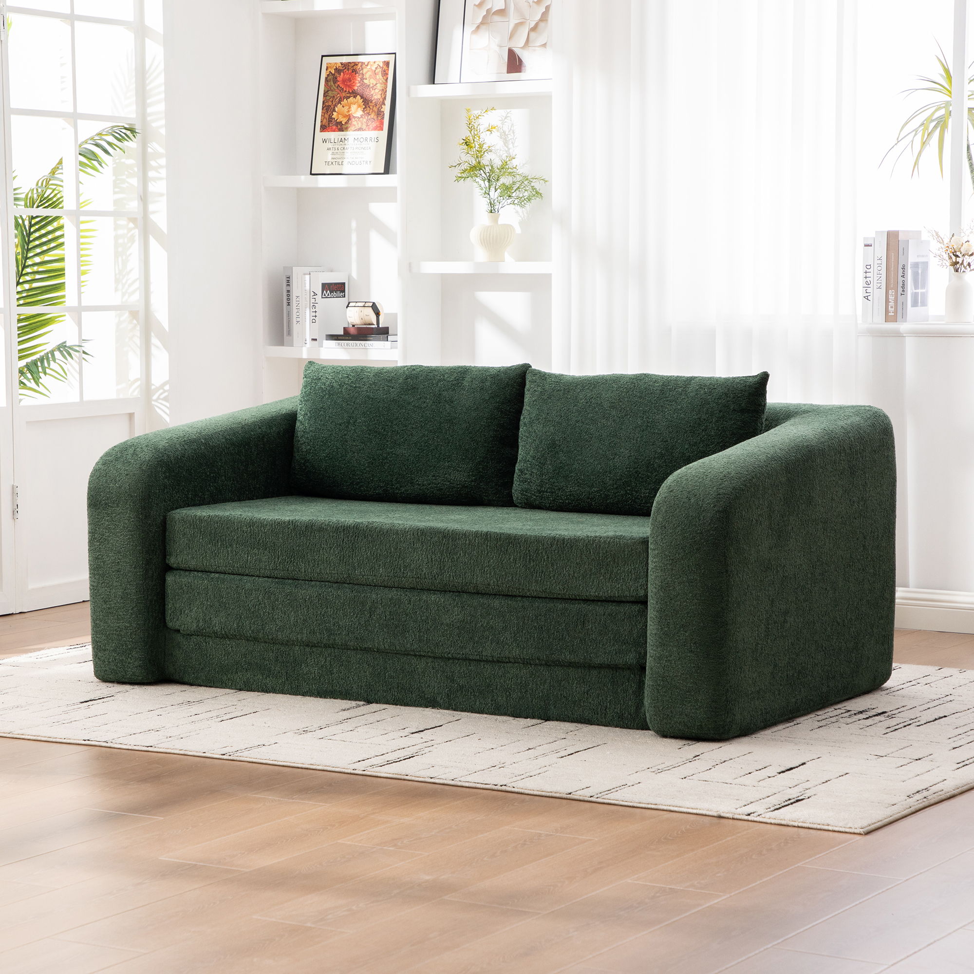 71" 2-in-1 Pull Out Foldable Loveseat Sofa Bed with Armrest & Backrest Pillows, Convertible Chenille Boneless Cloud Floor Mattress Sleeper Lounge Couch for Living Room Bedroom Guestroom Dorm, Green - Image 2