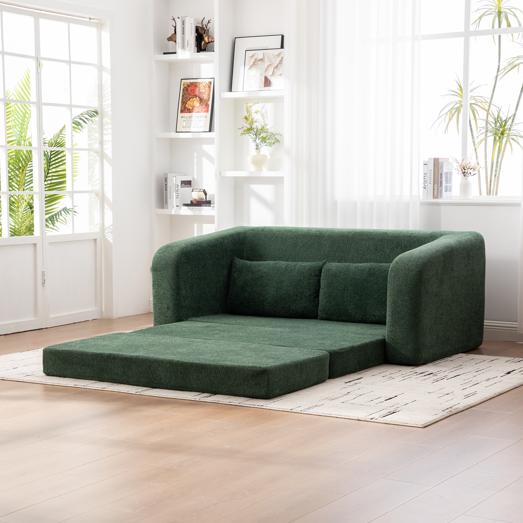 71" 2-in-1 Pull Out Foldable Loveseat Sofa Bed with Armrest & Backrest Pillows, Convertible Chenille Boneless Cloud Floor Mattress Sleeper Lounge Couch for Living Room Bedroom Guestroom Dorm, Green - Image 3