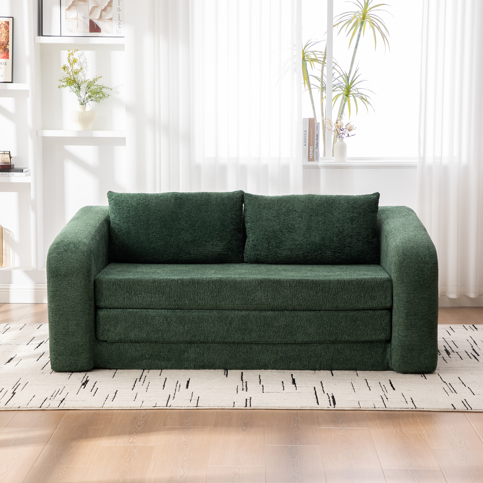 71" 2-in-1 Pull Out Foldable Loveseat Sofa Bed with Armrest & Backrest Pillows, Convertible Chenille Boneless Cloud Floor Mattress Sleeper Lounge Couch for Living Room Bedroom Guestroom Dorm, Green - Image 4