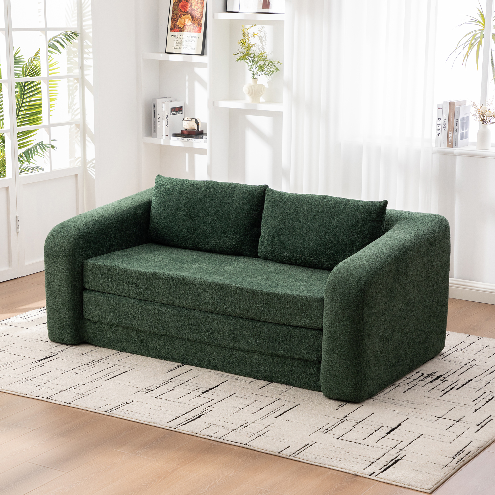 71" 2-in-1 Pull Out Foldable Loveseat Sofa Bed with Armrest & Backrest Pillows, Convertible Chenille Boneless Cloud Floor Mattress Sleeper Lounge Couch for Living Room Bedroom Guestroom Dorm, Green - Image 5