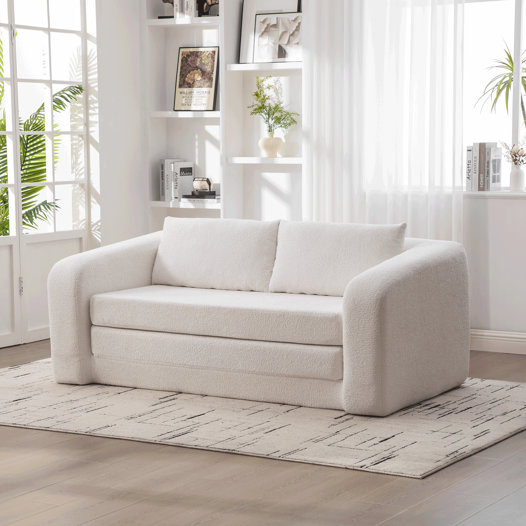 71" 2-in-1 Pull Out Foldable Loveseat Sofa Bed with Armrest & Backrest Pillows, Convertible Chenille Boneless Cloud Floor Mattress Sleeper Lounge Couch for Living Room Bedroom Guestroom Dorm, Ivory - Image 2
