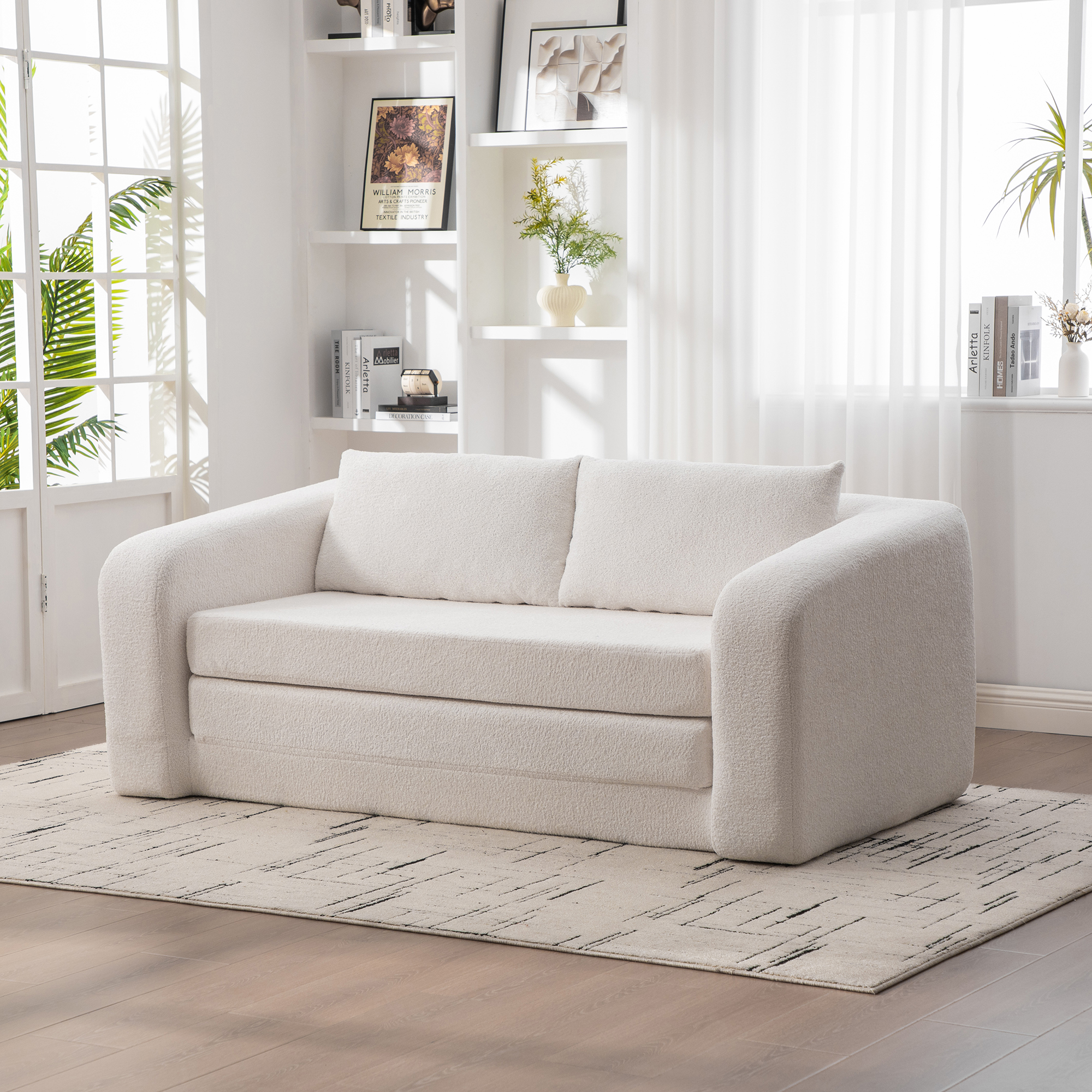 71" 2-in-1 Pull Out Foldable Loveseat Sofa Bed with Armrest & Backrest Pillows, Convertible Chenille Boneless Cloud Floor Mattress Sleeper Lounge Couch for Living Room Bedroom Guestroom Dorm, Ivory - Image 3