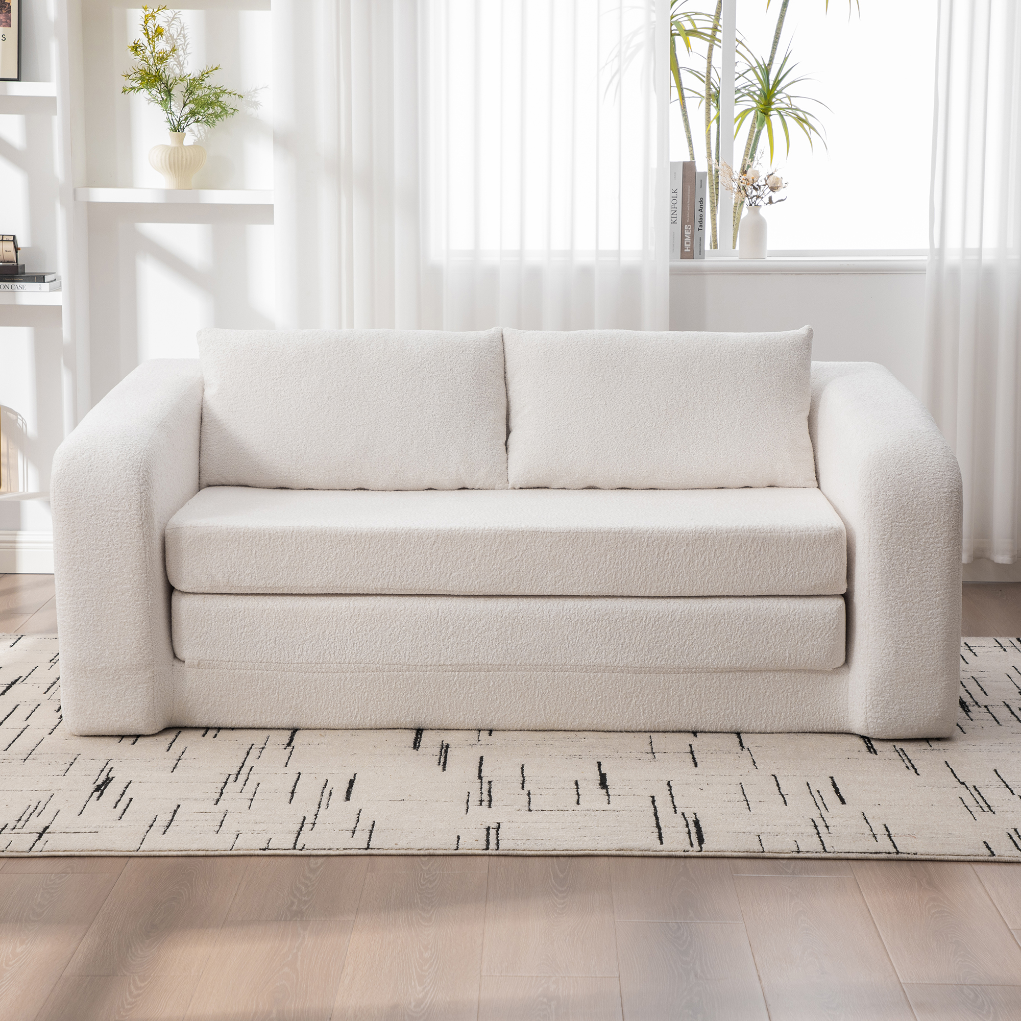 71" 2-in-1 Pull Out Foldable Loveseat Sofa Bed with Armrest & Backrest Pillows, Convertible Chenille Boneless Cloud Floor Mattress Sleeper Lounge Couch for Living Room Bedroom Guestroom Dorm, Ivory - Image 5