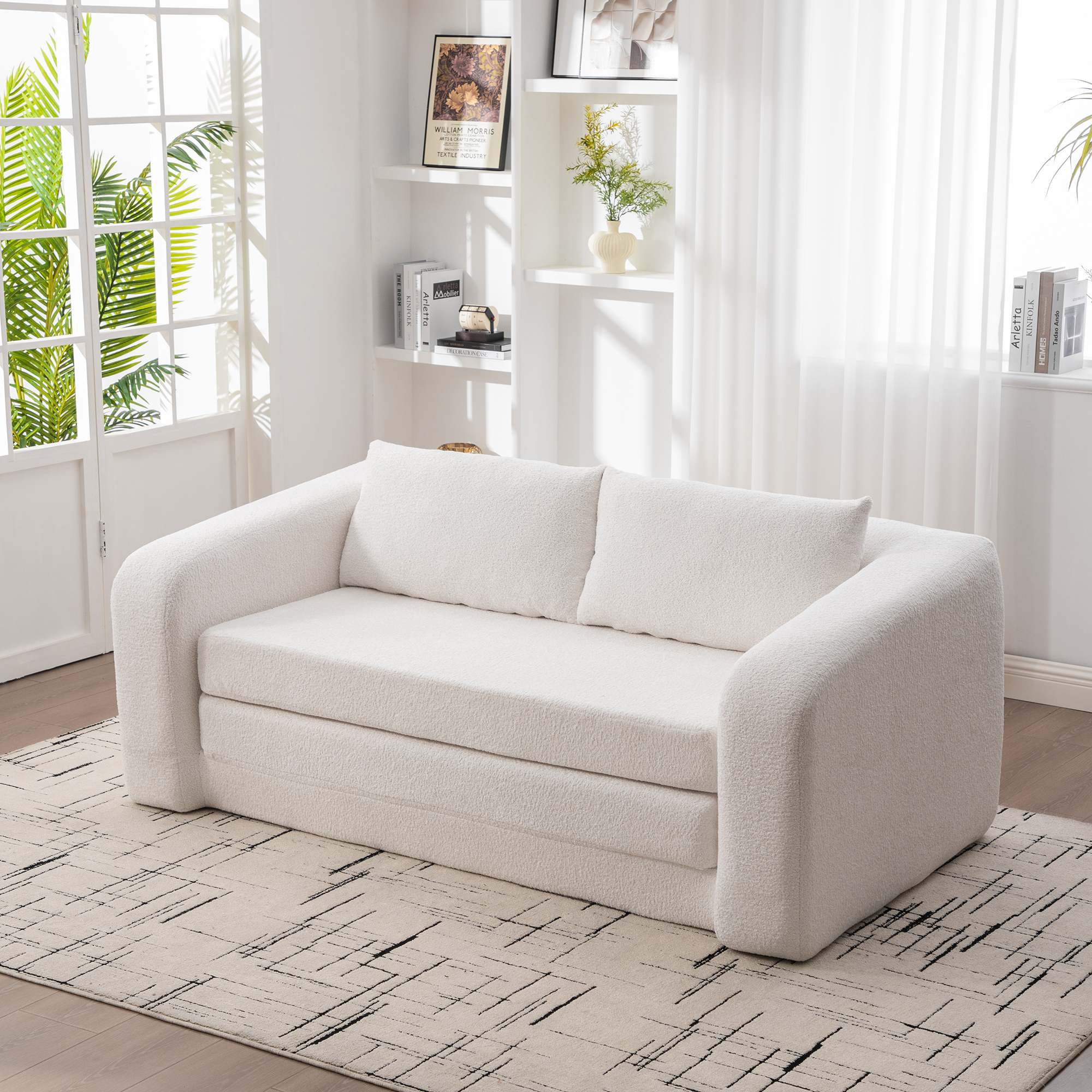 71" 2-in-1 Pull Out Foldable Loveseat Sofa Bed with Armrest & Backrest Pillows, Convertible Chenille Boneless Cloud Floor Mattress Sleeper Lounge Couch for Living Room Bedroom Guestroom Dorm, Ivory - Image 6