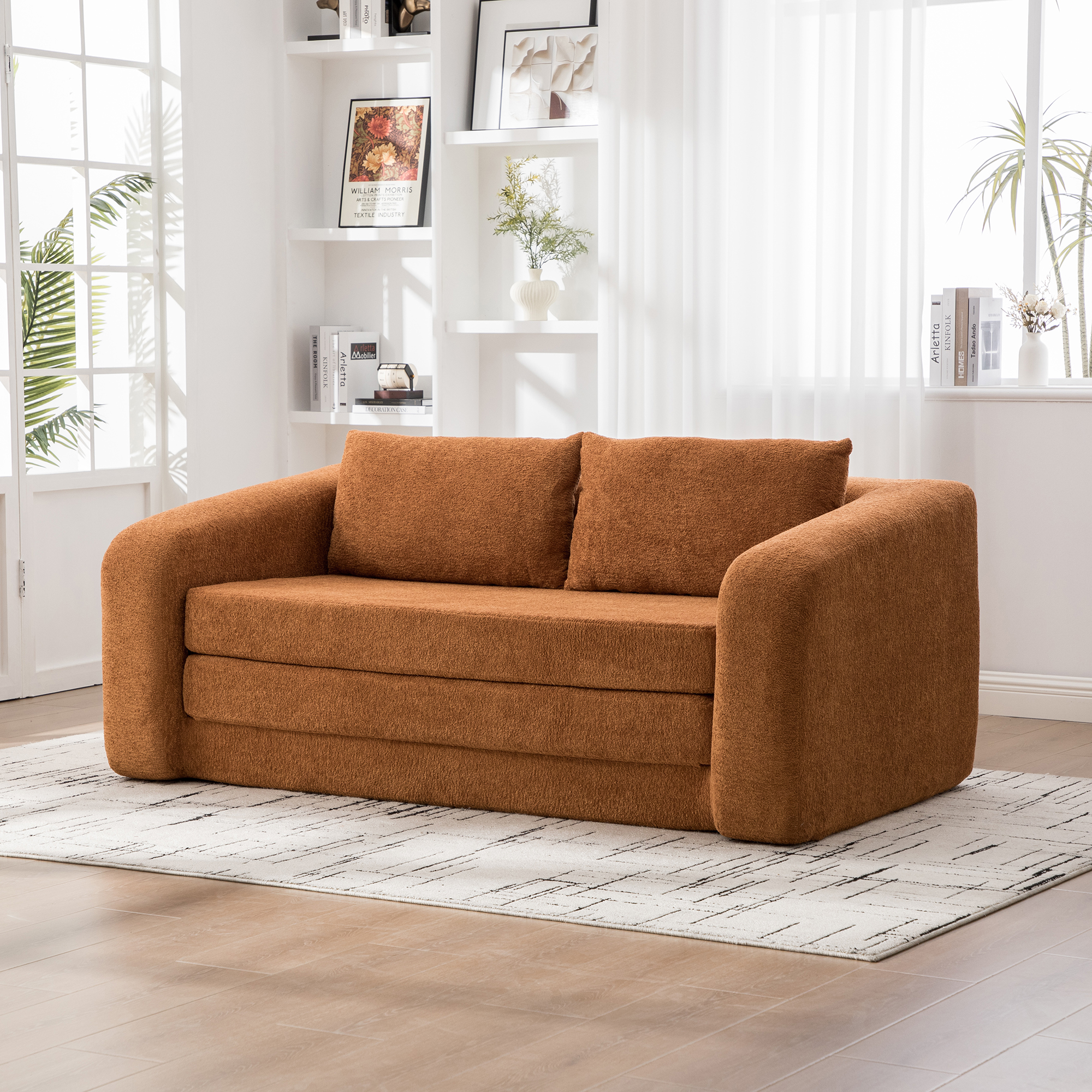 71" 2-in-1 Pull Out Foldable Loveseat Sofa Bed with Armrest & Backrest Pillows, Convertible Chenille Boneless Cloud Floor Mattress Sleeper Lounge Couch for Living Room Bedroom Guestroom Dorm, Orange - Image 2