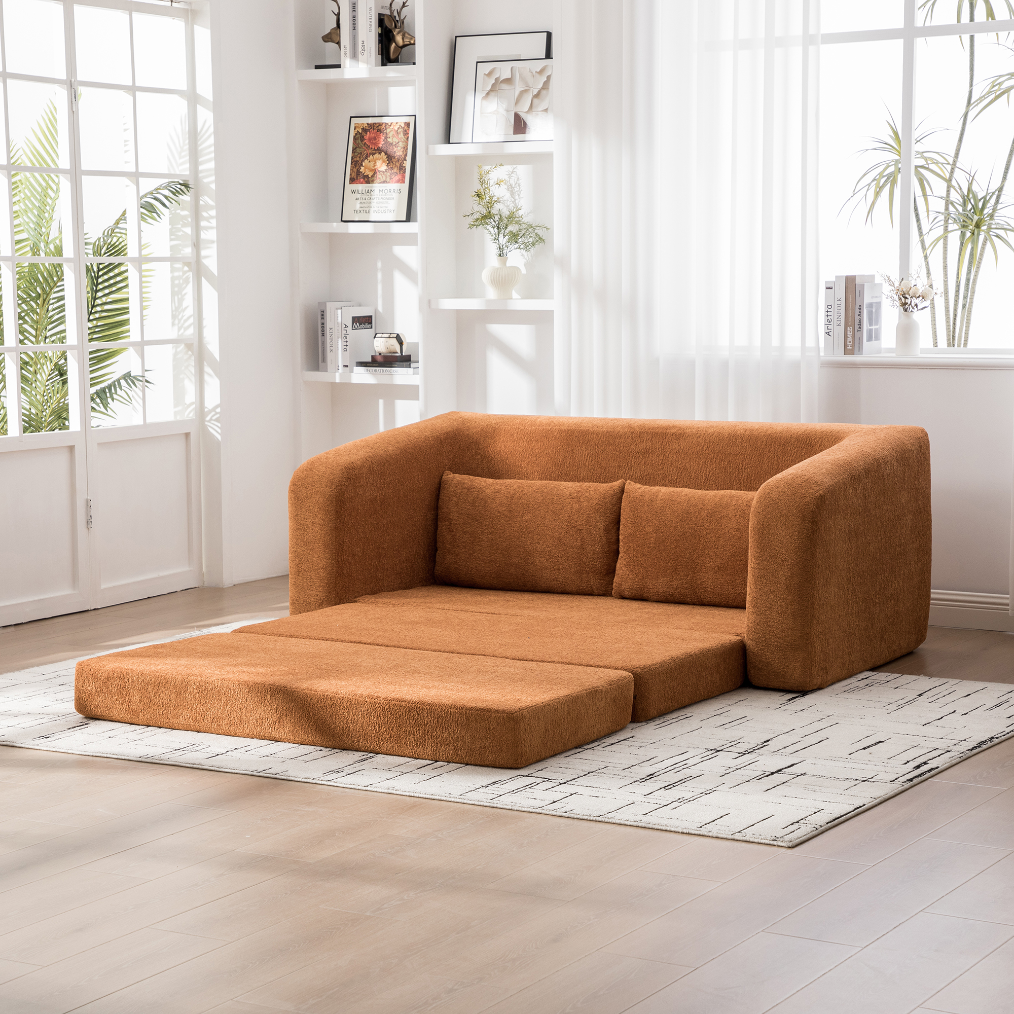 71" 2-in-1 Pull Out Foldable Loveseat Sofa Bed with Armrest & Backrest Pillows, Convertible Chenille Boneless Cloud Floor Mattress Sleeper Lounge Couch for Living Room Bedroom Guestroom Dorm, Orange - Image 3