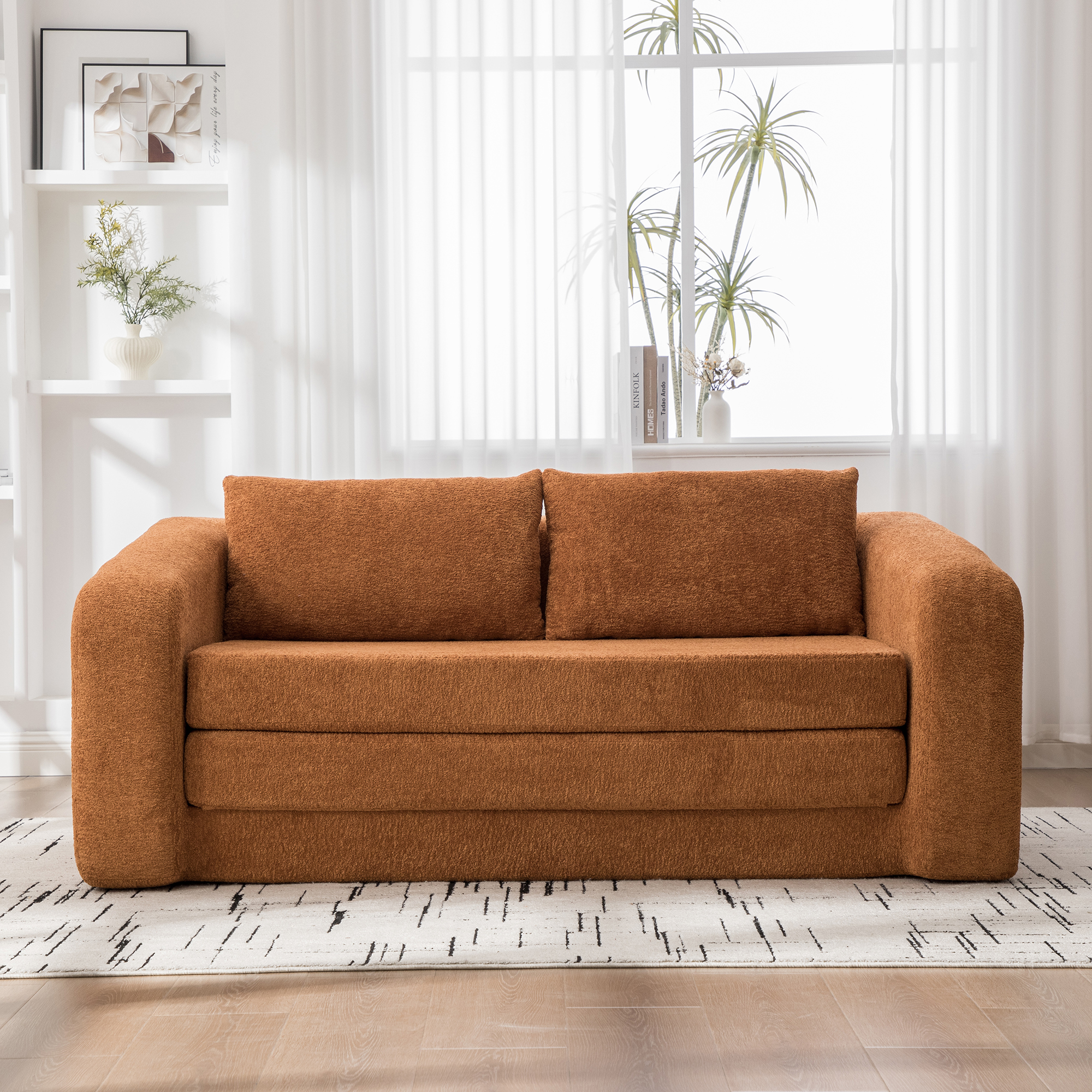 71" 2-in-1 Pull Out Foldable Loveseat Sofa Bed with Armrest & Backrest Pillows, Convertible Chenille Boneless Cloud Floor Mattress Sleeper Lounge Couch for Living Room Bedroom Guestroom Dorm, Orange - Image 4
