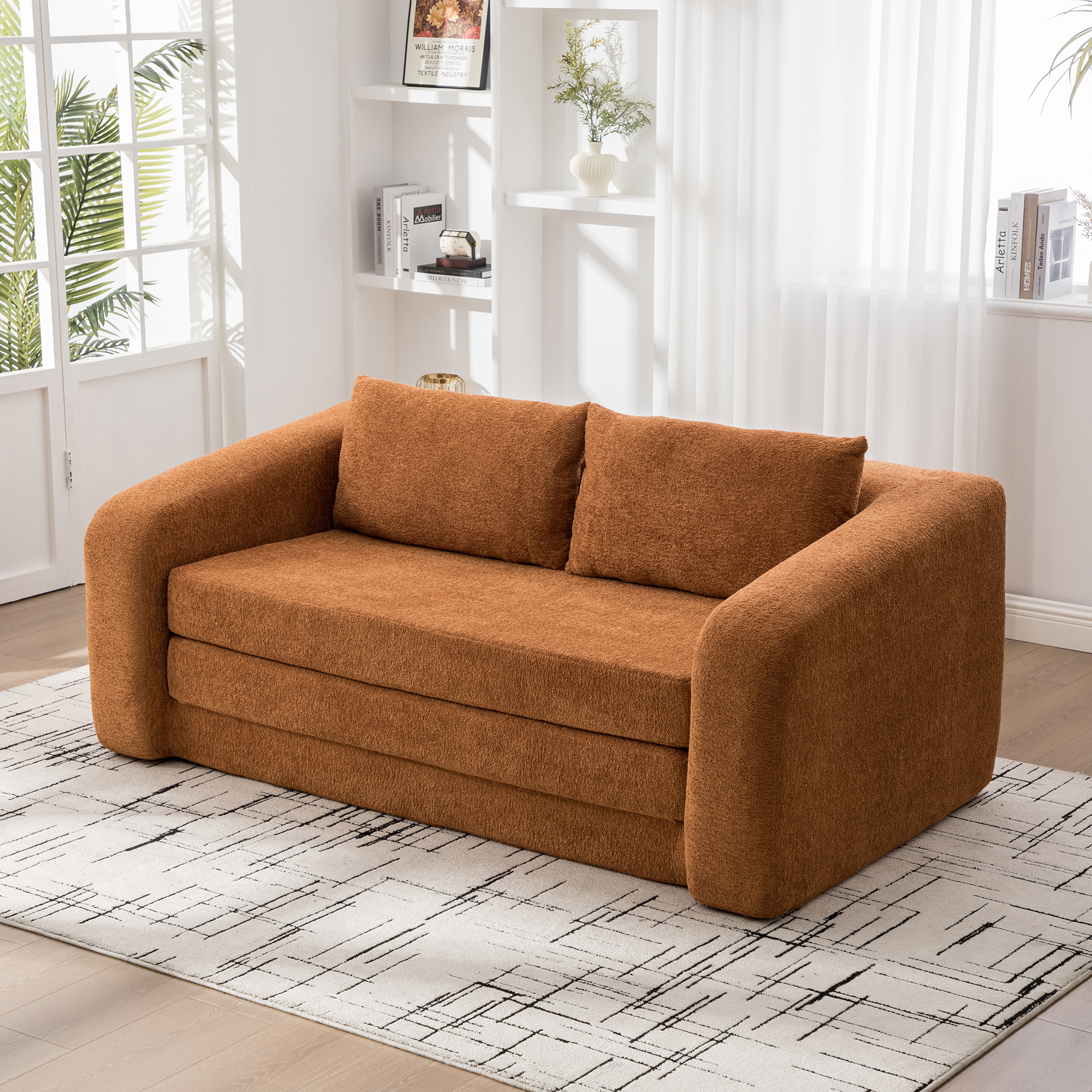 71" 2-in-1 Pull Out Foldable Loveseat Sofa Bed with Armrest & Backrest Pillows, Convertible Chenille Boneless Cloud Floor Mattress Sleeper Lounge Couch for Living Room Bedroom Guestroom Dorm, Orange - Image 5