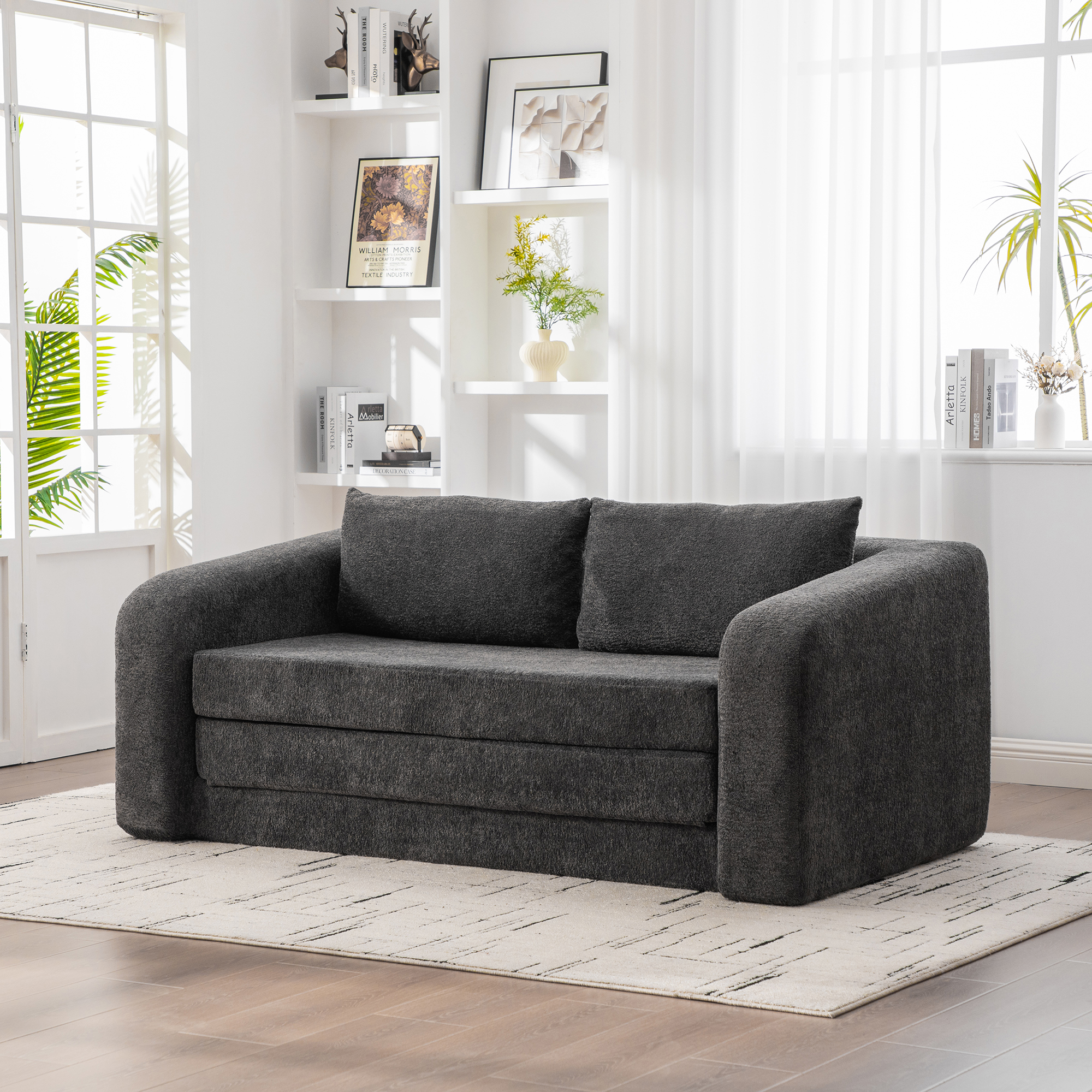 71" 2-in-1 Pull Out Foldable Loveseat Sofa Bed with Armrest & Backrest Pillows, Convertible Chenille Boneless Cloud Floor Mattress Sleeper Lounge Couch for Living Room Bedroom Guestroom Dorm, Gray - Image 2