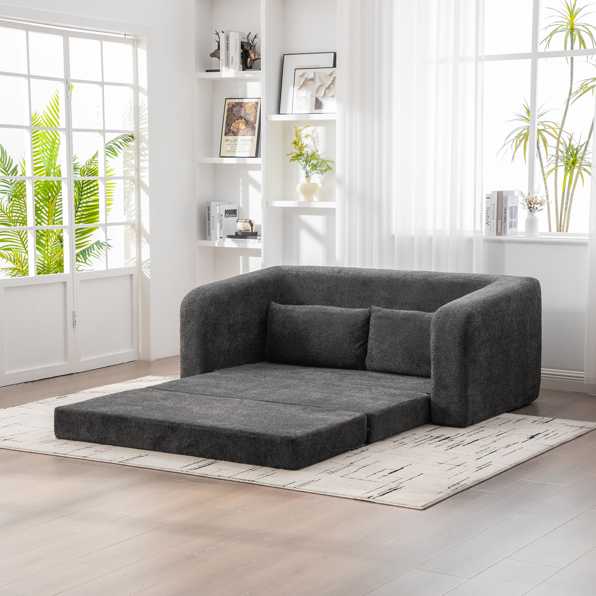 71" 2-in-1 Pull Out Foldable Loveseat Sofa Bed with Armrest & Backrest Pillows, Convertible Chenille Boneless Cloud Floor Mattress Sleeper Lounge Couch for Living Room Bedroom Guestroom Dorm, Gray - Image 3