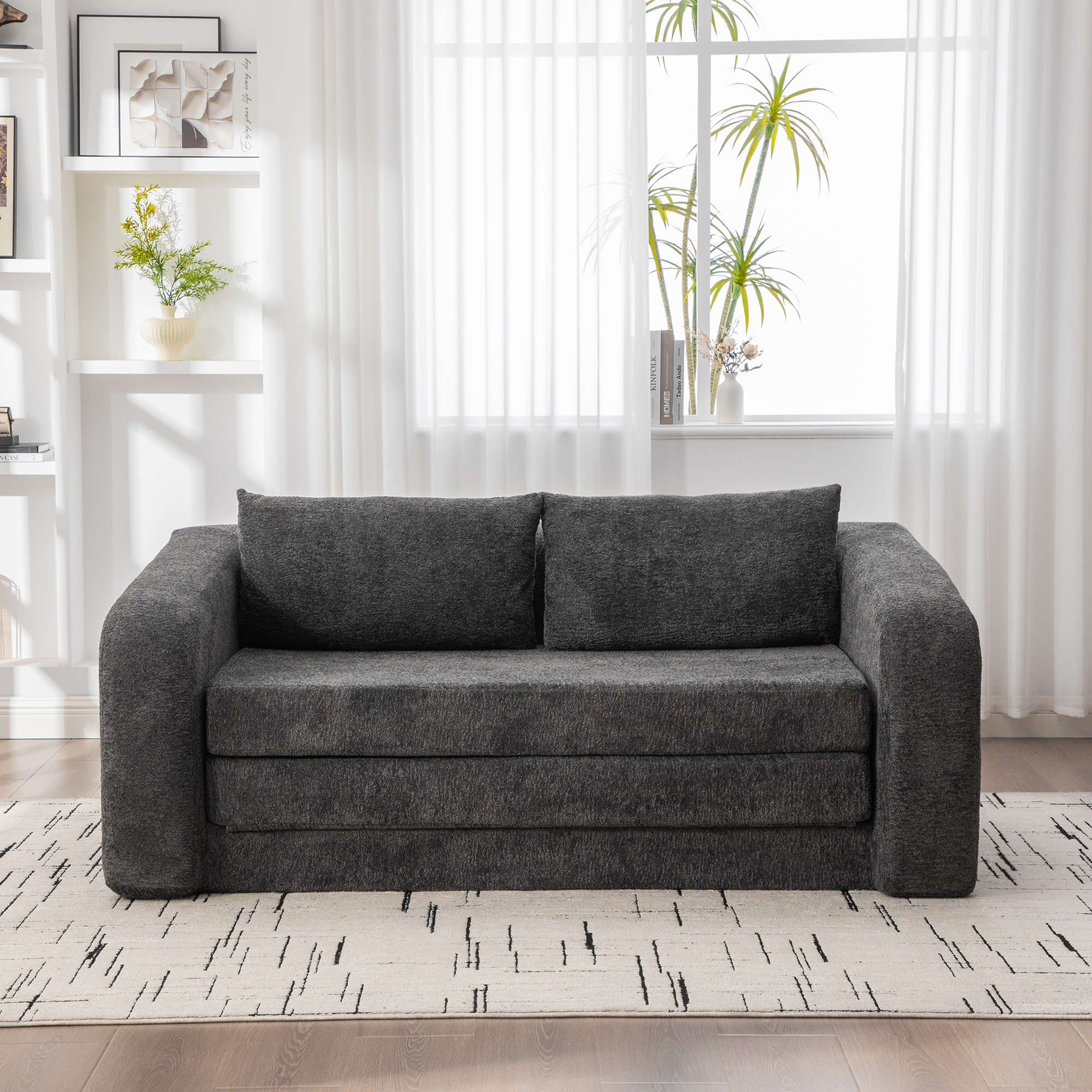 71" 2-in-1 Pull Out Foldable Loveseat Sofa Bed with Armrest & Backrest Pillows, Convertible Chenille Boneless Cloud Floor Mattress Sleeper Lounge Couch for Living Room Bedroom Guestroom Dorm, Gray - Image 4