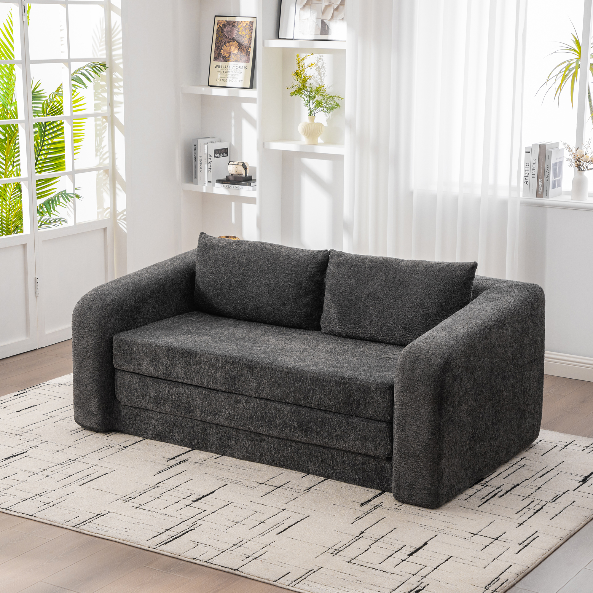 71" 2-in-1 Pull Out Foldable Loveseat Sofa Bed with Armrest & Backrest Pillows, Convertible Chenille Boneless Cloud Floor Mattress Sleeper Lounge Couch for Living Room Bedroom Guestroom Dorm, Gray - Image 5