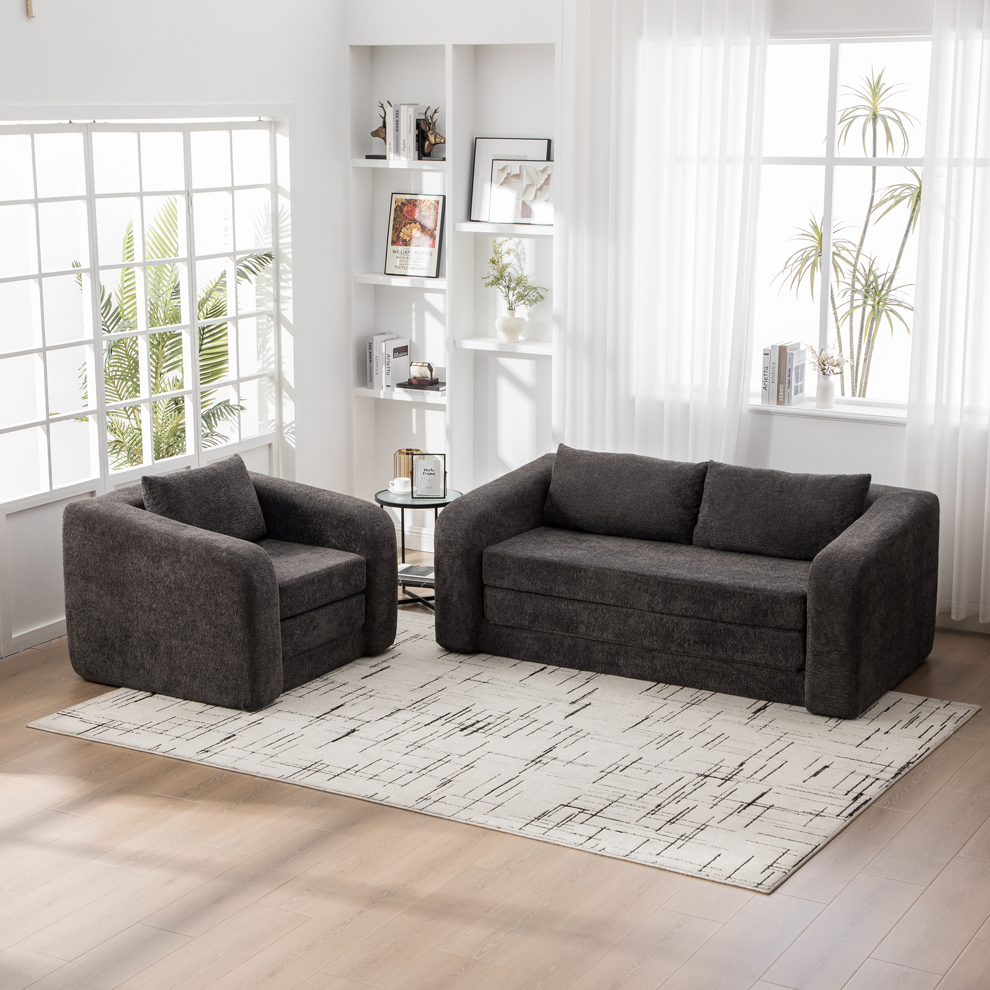 2-Piece Foldable Sofa Bed Living Room Couch Set, Convertible Chenille Boneless Cloud Floor Mattress Sleeper Lounge Accent Chair with Pillow for Apartment Living Room Bedroom Dorm Guestroom, Gray - Image 2