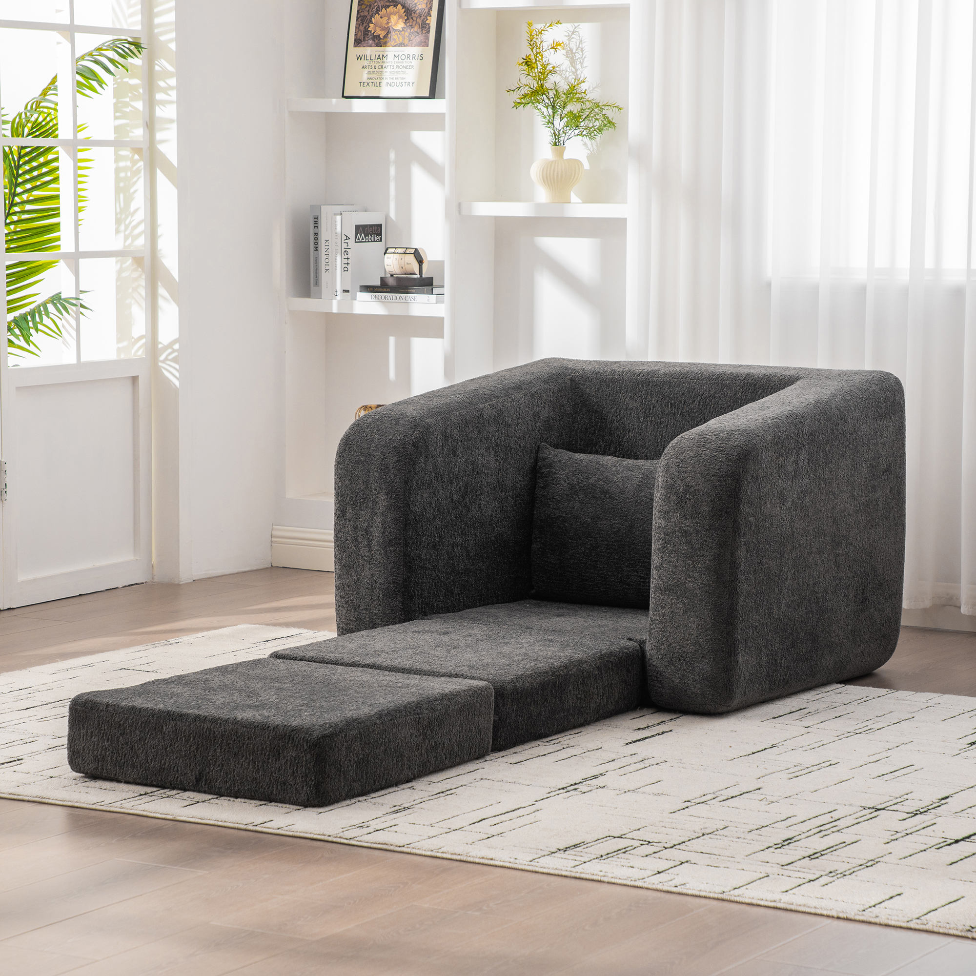 40" Foldable Single Sofa Bed with Armrest & Backrest, Convertible Chenille Boneless Cloud Floor Mattress Sleeper Lounge Accent Chair with Pillow for Apartment Living Room Bedroom Dorm Guestroom, Gray - Image 3