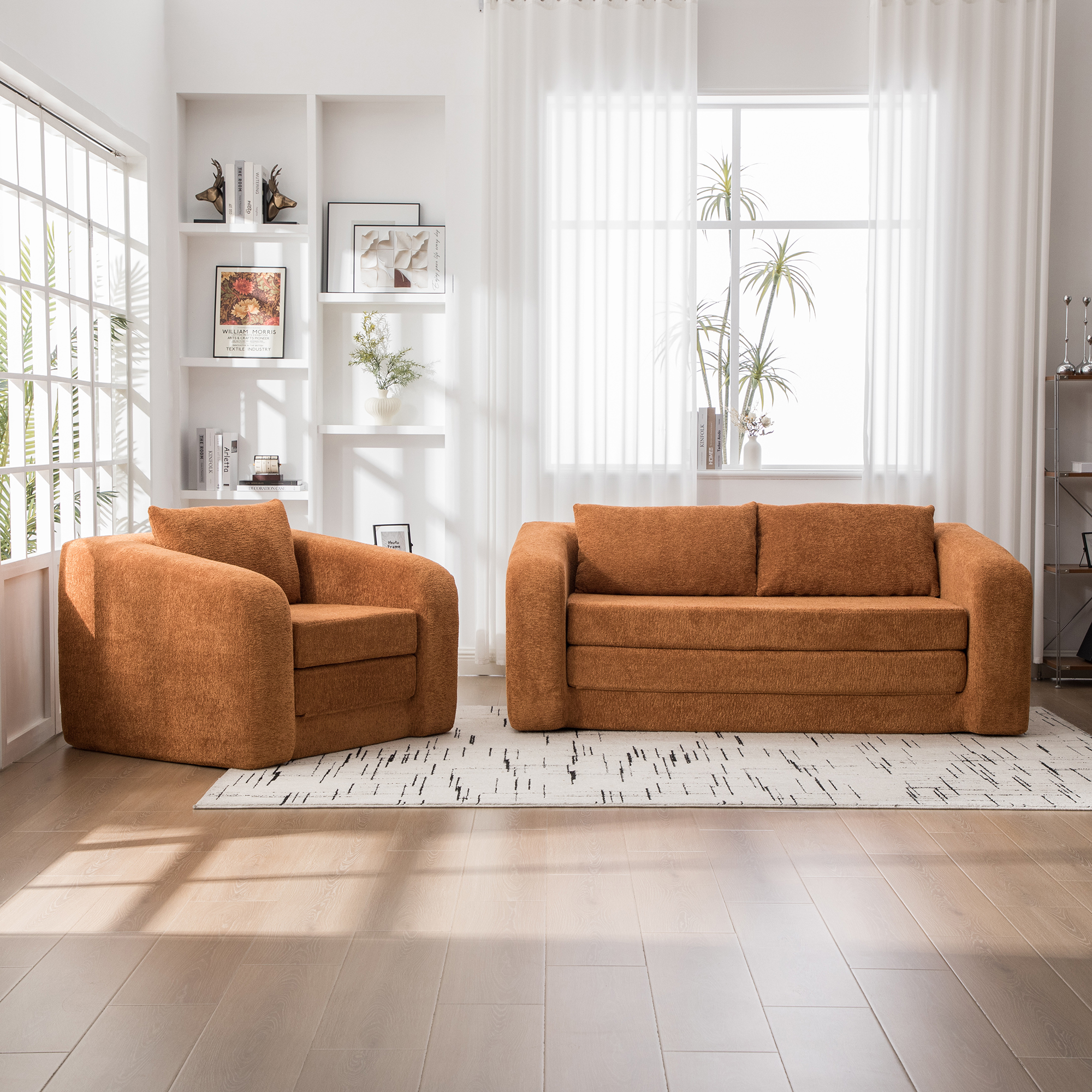 2-Piece Foldable Sofa Bed Living Room Couch Set, Convertible Chenille Boneless Cloud Floor Mattress Sleeper Lounge Accent Chair with Pillow for Apartment Living Room Bedroom Dorm Guestroom, Orange - Image 2