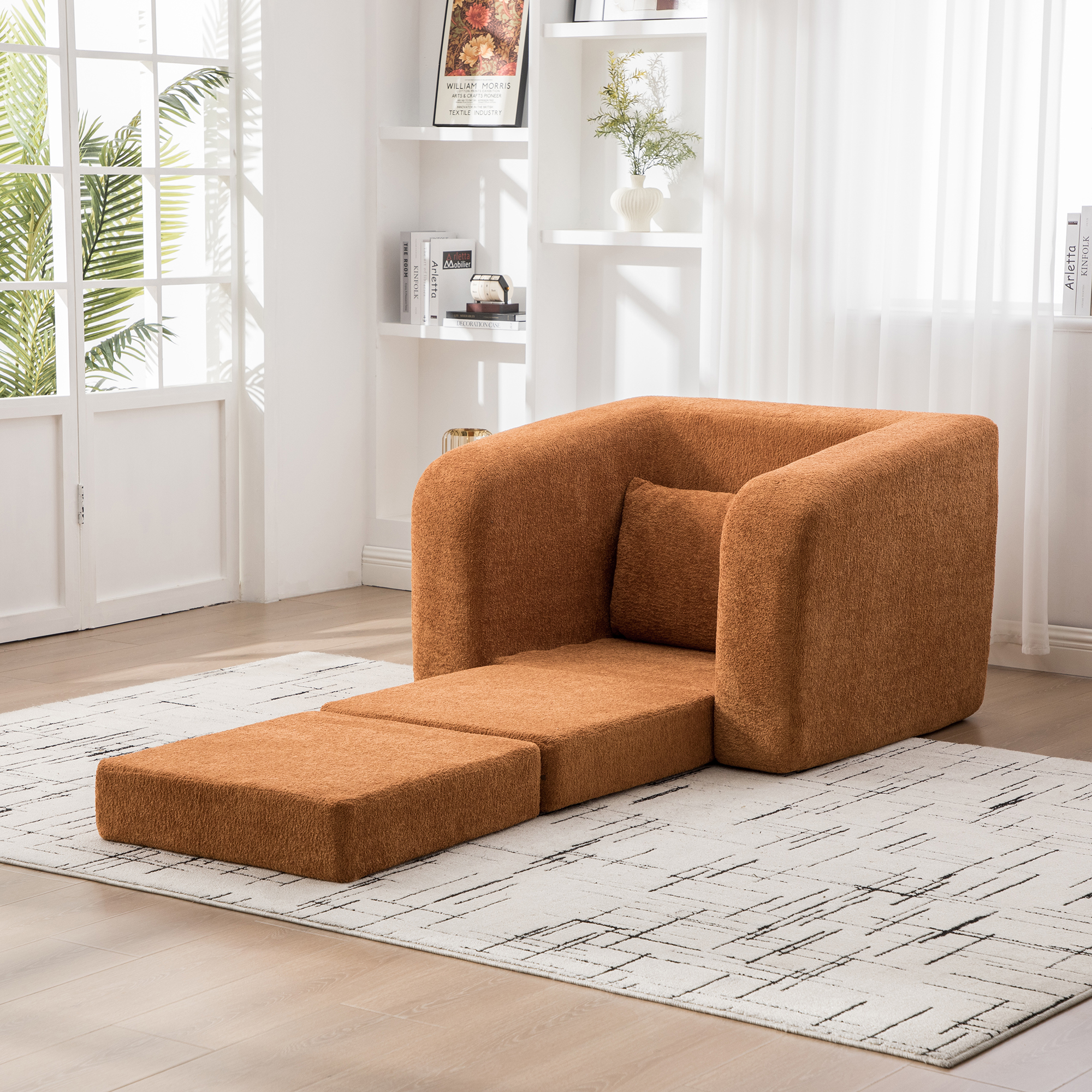 40" Foldable Single Sofa Bed with Armrest & Backrest, Convertible Chenille Boneless Cloud Floor Mattress Sleeper Lounge Accent Chair with Pillow for Apartment Living Room Bedroom Dorm Guestroom,Orange - Image 3