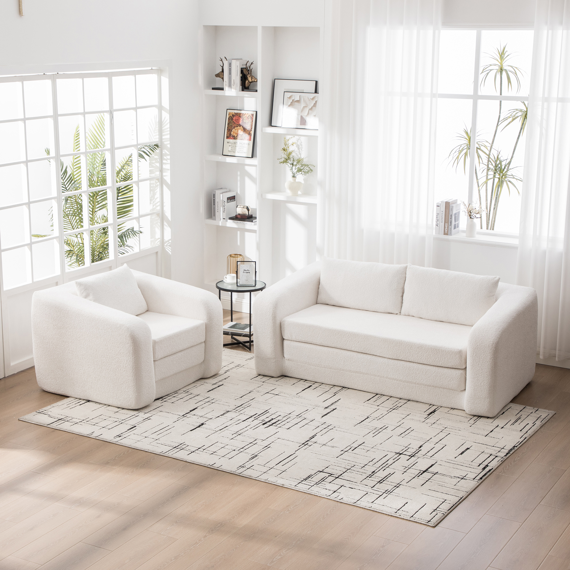 2-Piece Foldable Sofa Bed Living Room Couch Set, Convertible Chenille Boneless Cloud Floor Mattress Sleeper Lounge Accent Chair with Pillow for Apartment Living Room Bedroom Dorm Guestroom, Ivory - Image 2