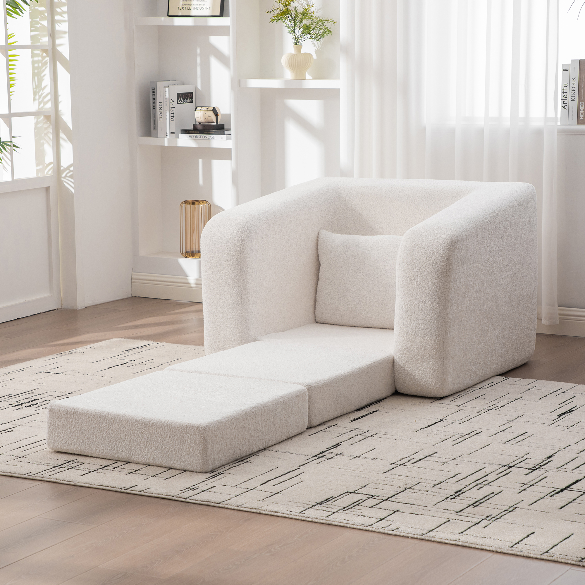 40" Foldable Single Sofa Bed with Armrest & Backrest, Convertible Chenille Boneless Cloud Floor Mattress Sleeper Lounge Accent Chair with Pillow for Apartment Living Room Bedroom Dorm Guestroom, Ivory - Image 4