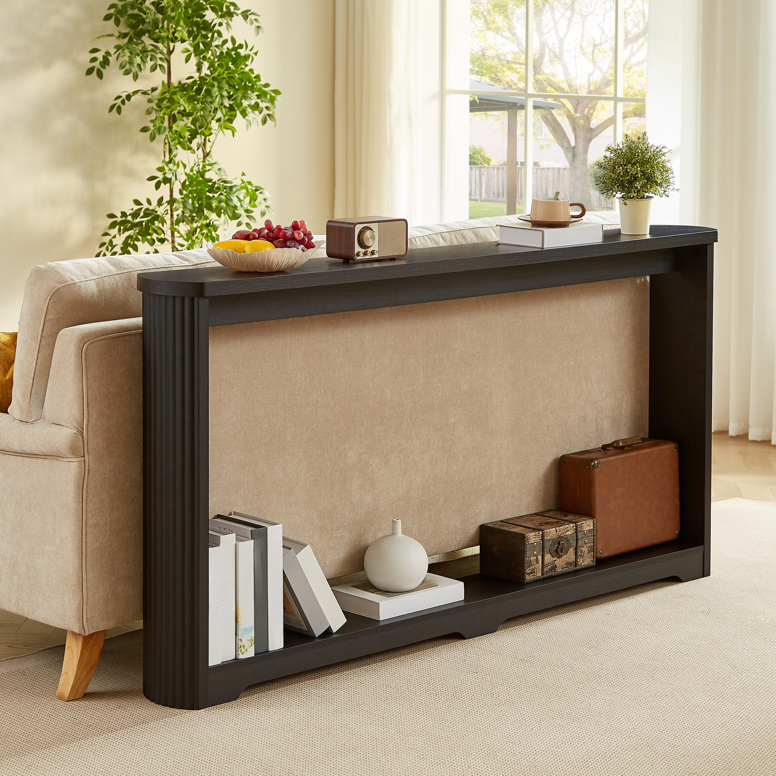 70.1"corrugated texture storage table for entranceways, narrow wooden console sofa table, can be placed behind the sofa, suitable for entranceways, corridors, and front door.Black.70.1"L*8.7"W*35.5"H - Image 2