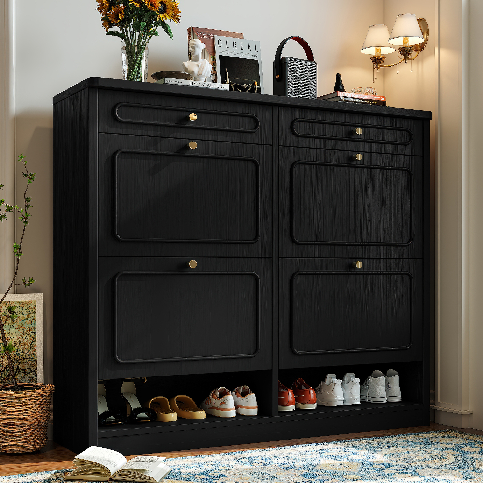 Wooden Shoe Cabinet with 4 Flip Drawers,Shoes Rack Cabinet with 2 Storage Drawers,Classified Storage and Farmhouse Style, Black - Image 2