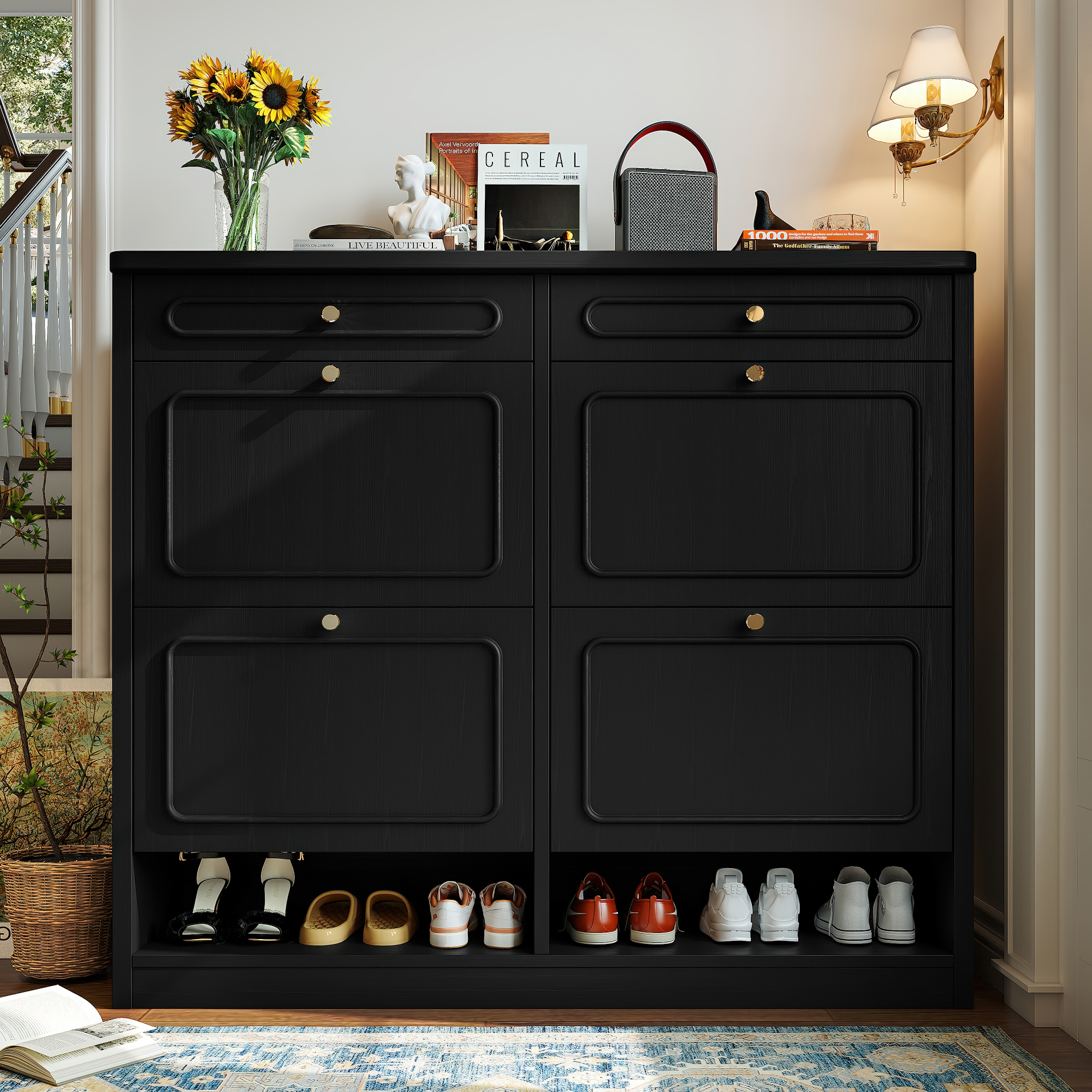 Wooden Shoe Cabinet with 4 Flip Drawers,Shoes Rack Cabinet with 2 Storage Drawers,Classified Storage and Farmhouse Style, Black - Image 3