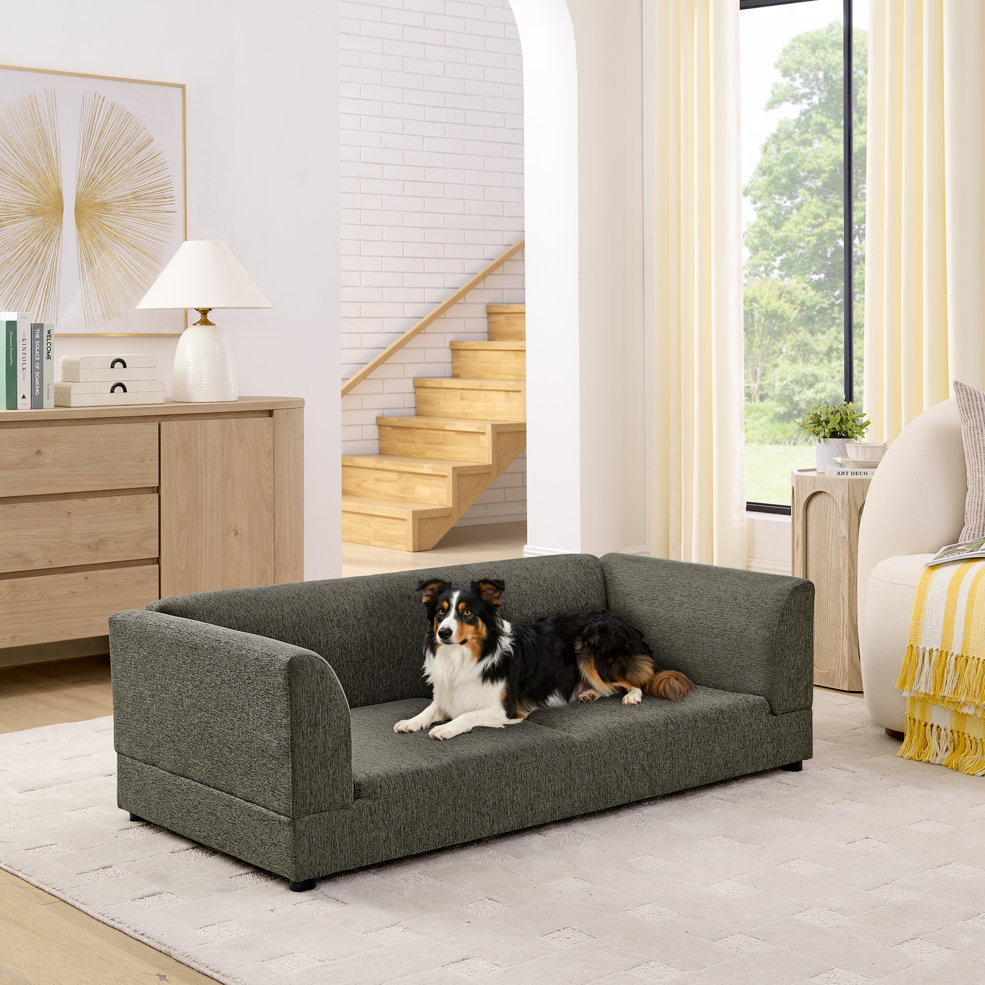 Comfortable Oversized Pet Sofa for Medium/Large Dogs - Modern Rectangular Design with Backrest, Armrests & Soft Cushion -Dark Gray(56.5"*26"*17") - Image 2