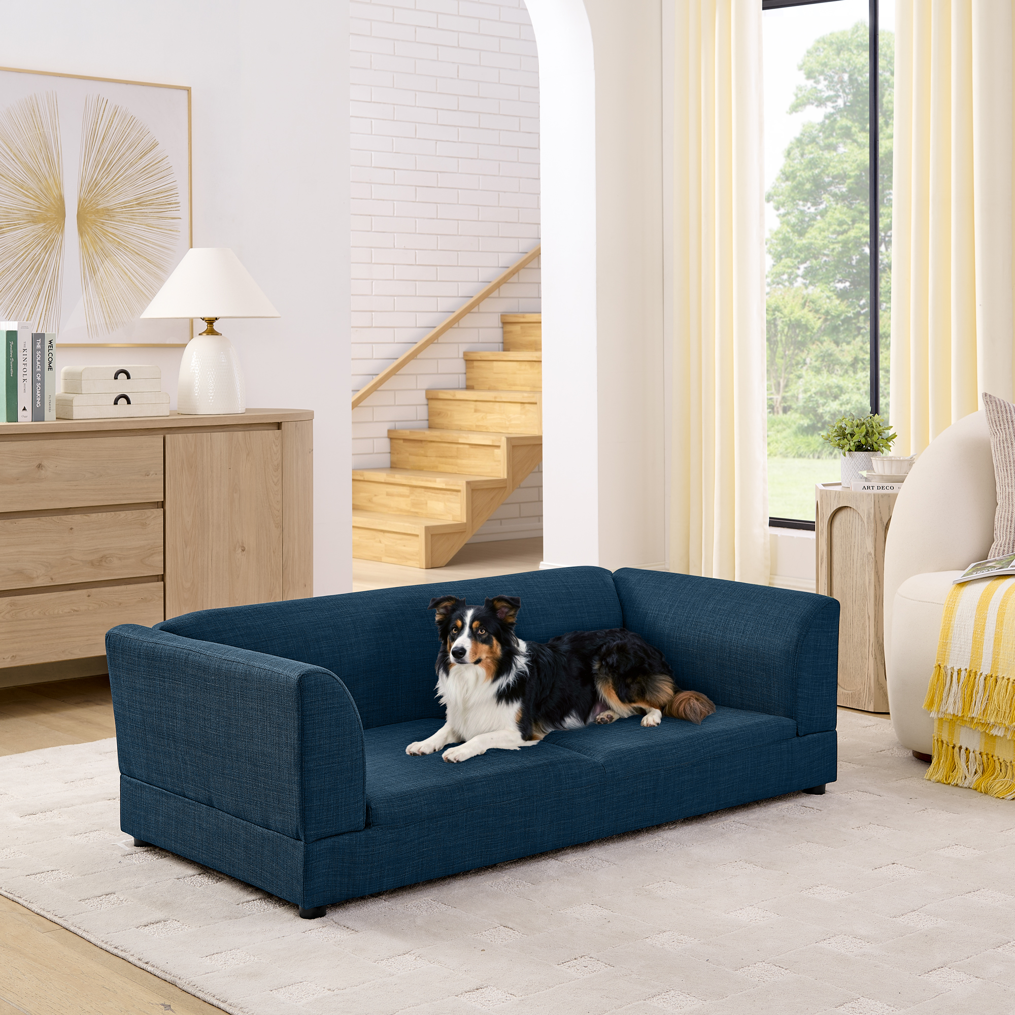 Comfortable Oversized Pet Sofa for Medium/Large Dogs - Modern Rectangular Design with Backrest, Armrests & Soft Cushion -Dark Blue(56.5"*26"*17") - Image 2