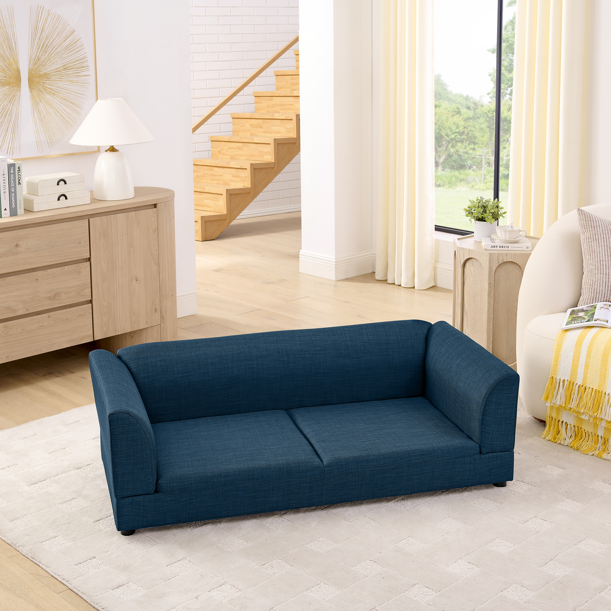 Comfortable Oversized Pet Sofa for Medium/Large Dogs - Modern Rectangular Design with Backrest, Armrests & Soft Cushion -Dark Blue(56.5"*26"*17") - Image 3