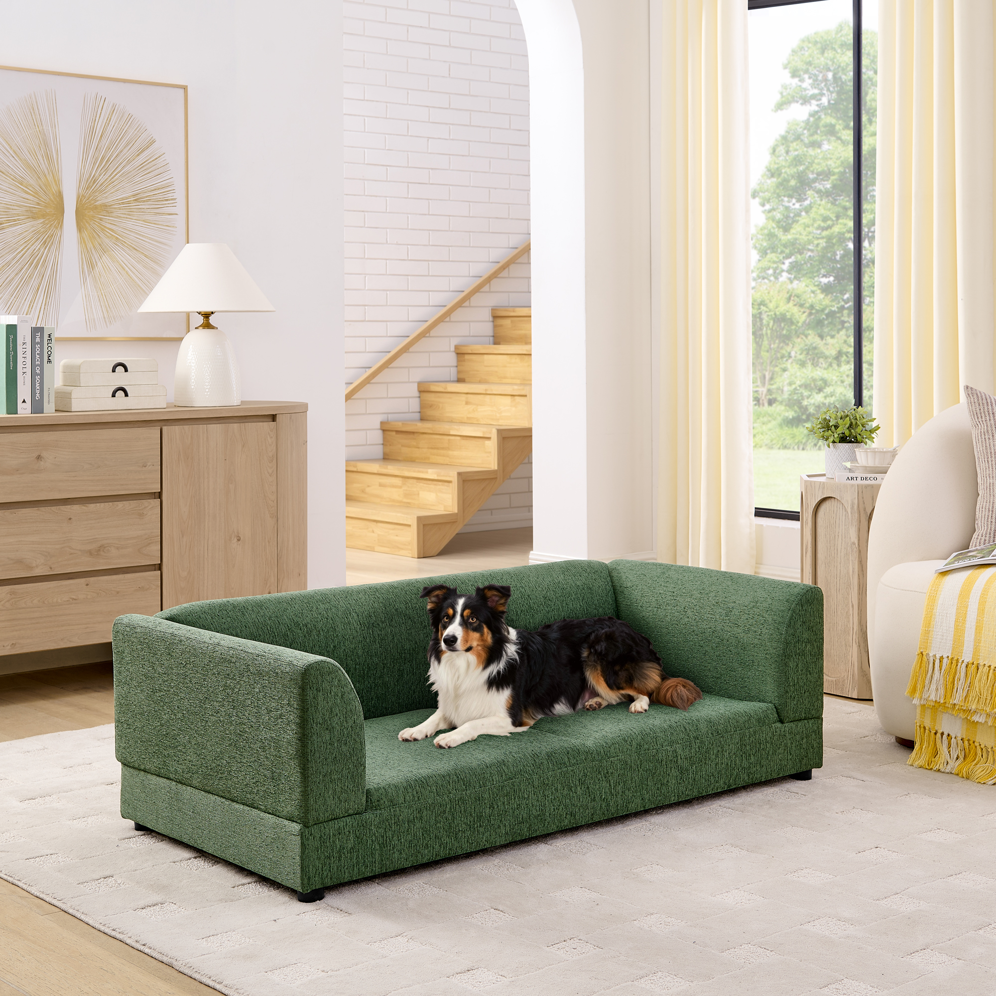 Comfortable Oversized Pet Sofa for Medium/Large Dogs - Modern Rectangular Design with Backrest, Armrests & Soft Cushion -OLIVE GREEN(56.5"*26"*17") - Image 2