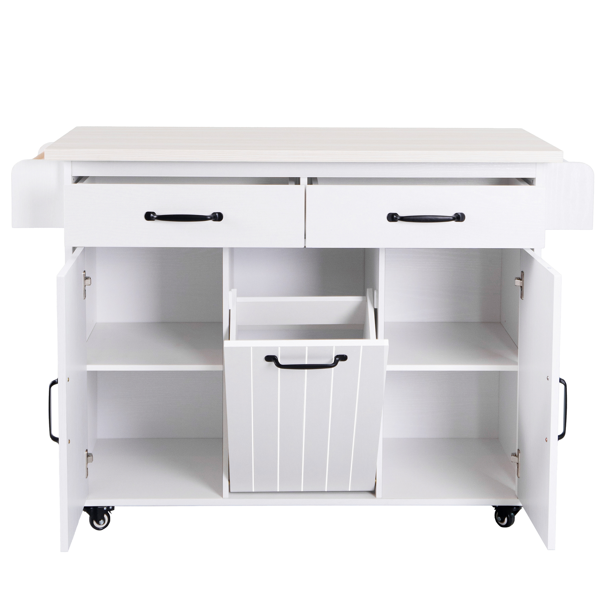 K&K Kitchen Island with Trash Can Storage Cabinet, Kitchen Cart with Drop Leaf, Spice Rack, Towel Rack and Drawer, Rolling Kitchen Island on Wheels with Adjustable Shelf, White - Image 3