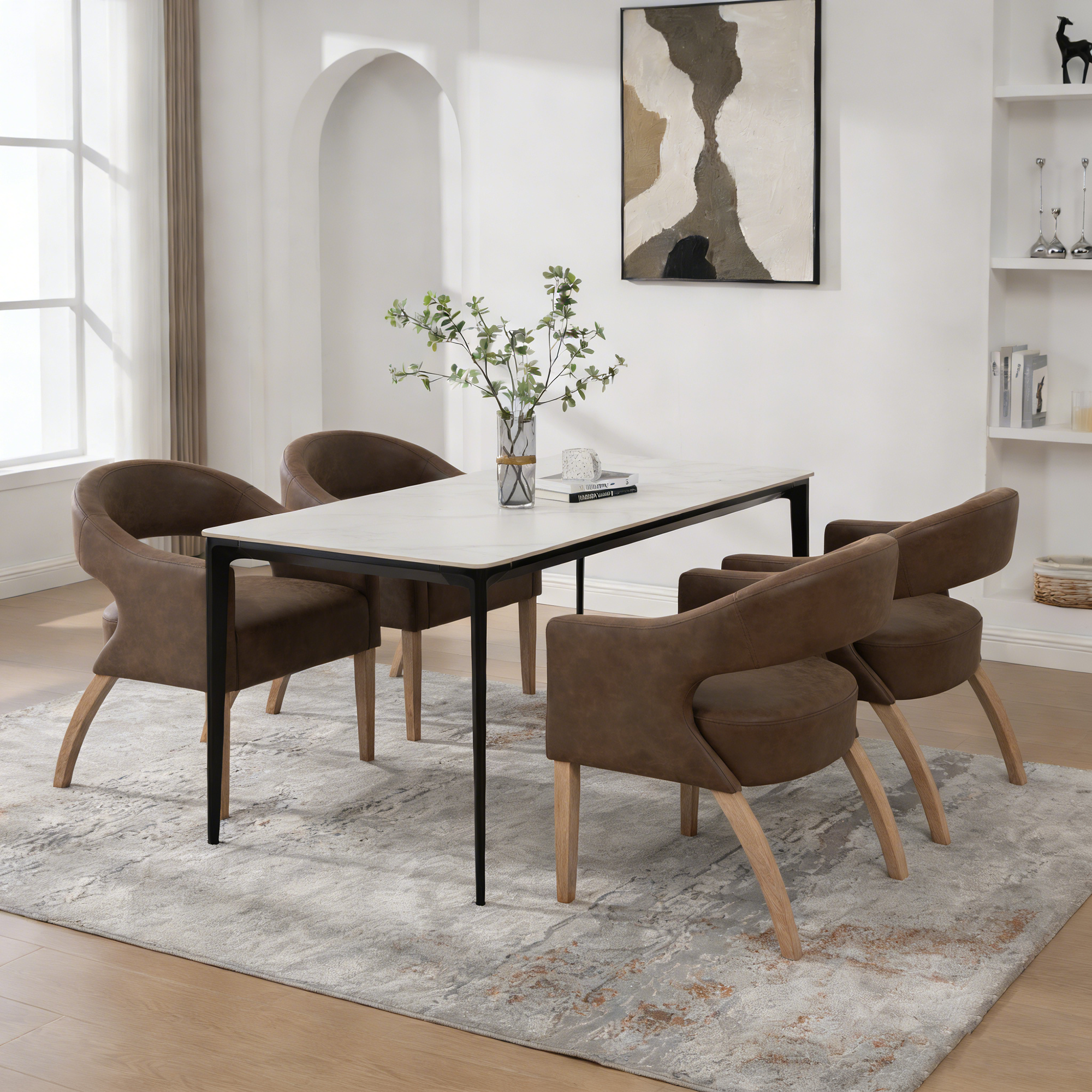 Modern PU Open Back Dining Chair Set of 4, Barrel Accent Armchair with Weathered Rubberwood Legs, Hollow-Out Club Kitchen Chair for Living Room Bedroom Restaurant Cafes Dining Room Reception,Coffee - Image 2