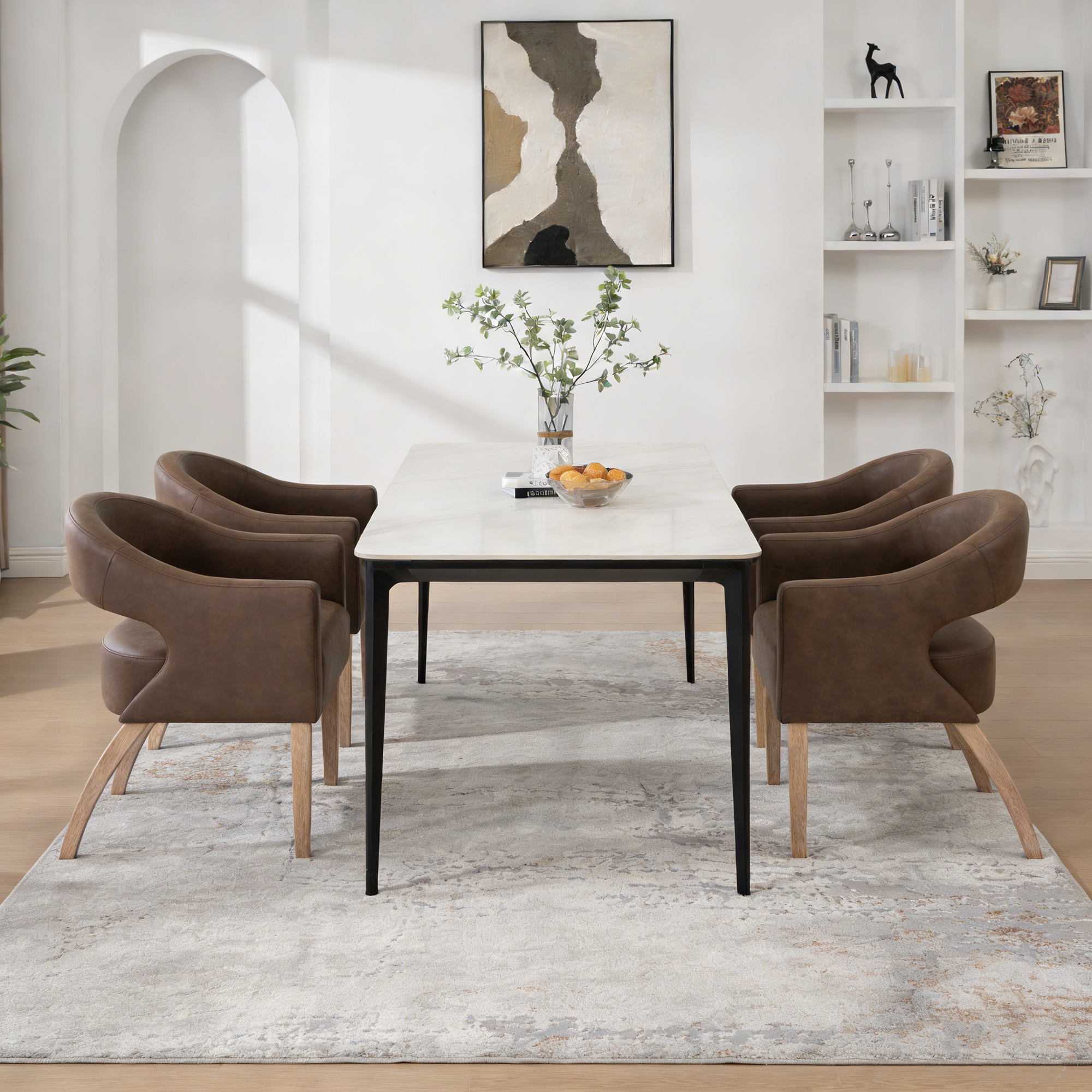 Modern PU Open Back Dining Chair Set of 4, Barrel Accent Armchair with Weathered Rubberwood Legs, Hollow-Out Club Kitchen Chair for Living Room Bedroom Restaurant Cafes Dining Room Reception,Coffee - Image 3