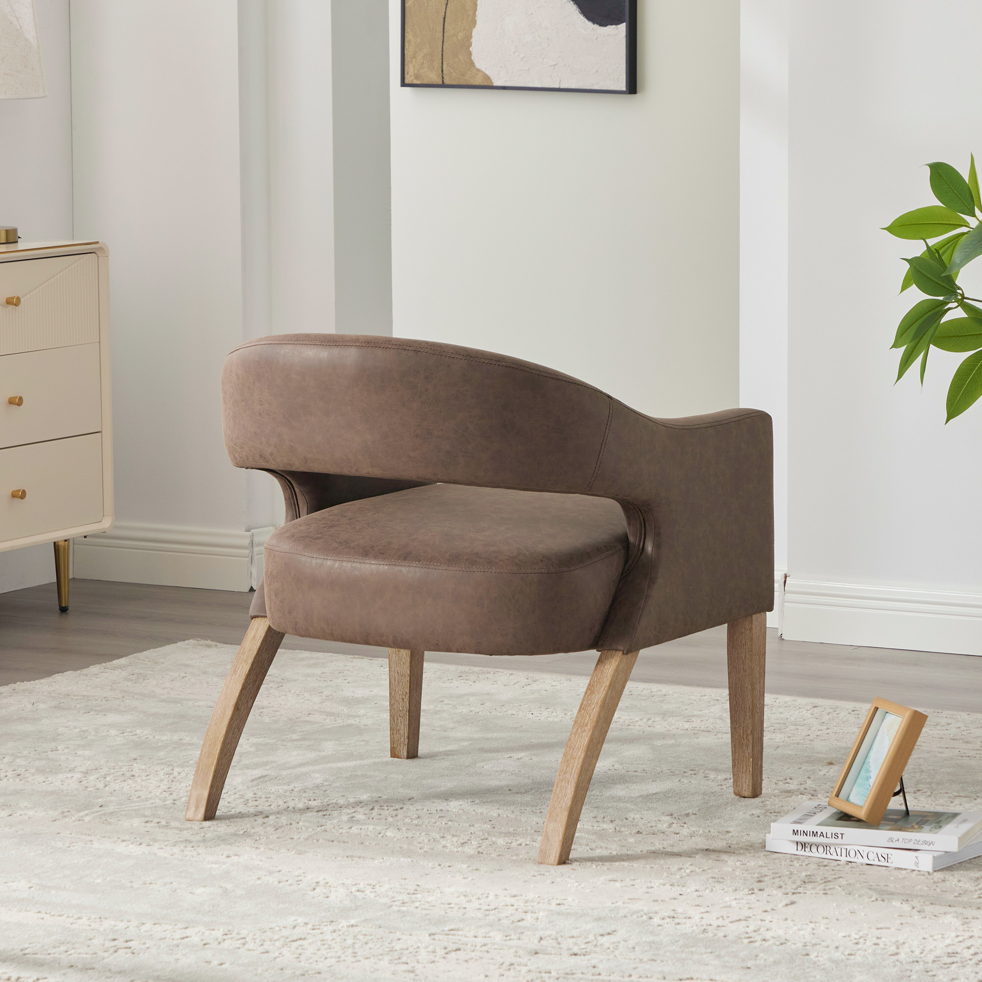 Modern Upholstered PU Open Back Accent Armchair Barrel Dining Chair with Weathered Rubberwood Legs, Hollow-Out Side Club Chair for Living Room Bedroom Restaurant Cafes Dining Room Reception,Coffee - Image 6
