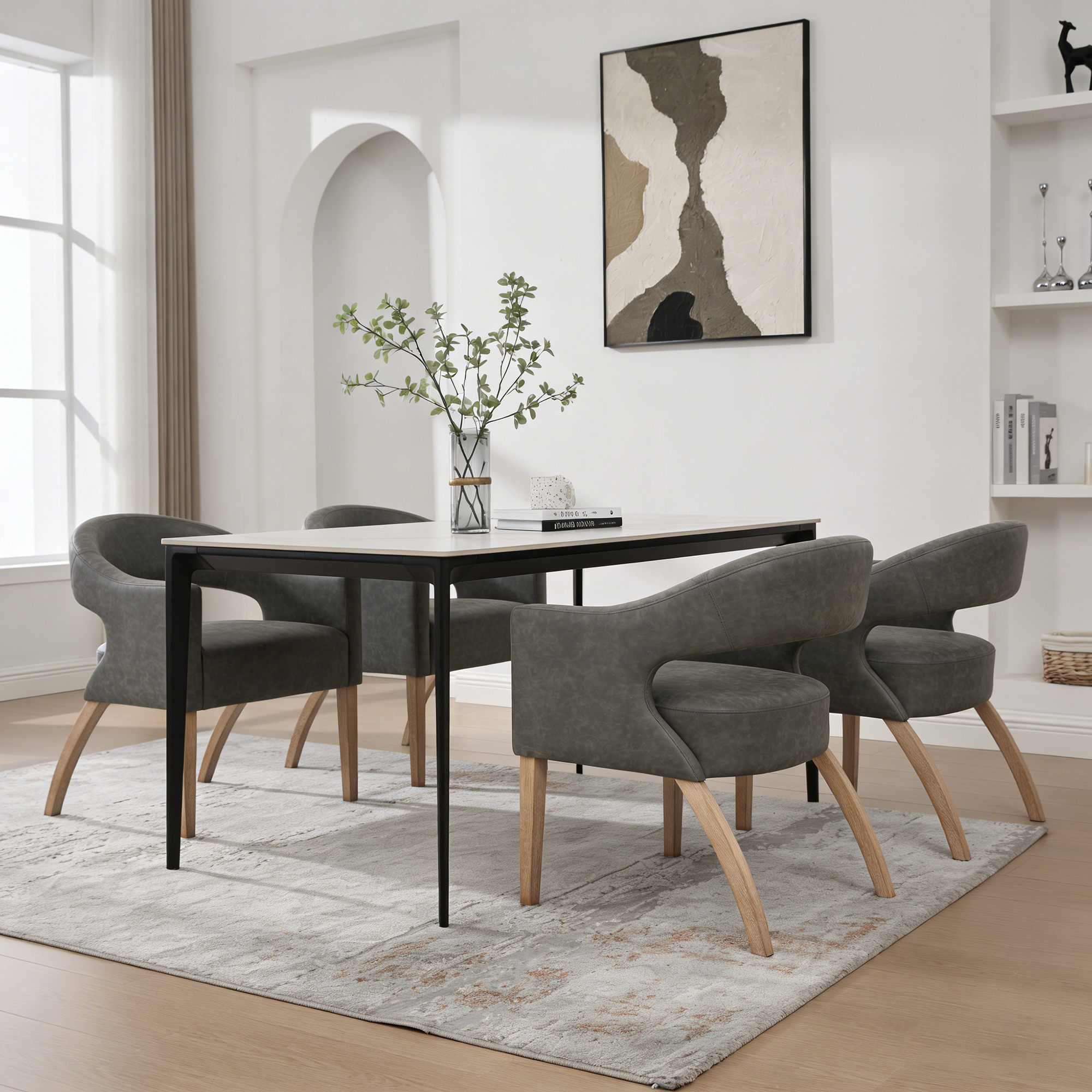Modern PU Open Back Dining Chair Set of 4, Barrel Accent Armchair with Weathered Rubberwood Legs, Hollow-Out Club Kitchen Chair for Living Room Bedroom Restaurant Cafes Dining Room Reception, Gray - Image 2
