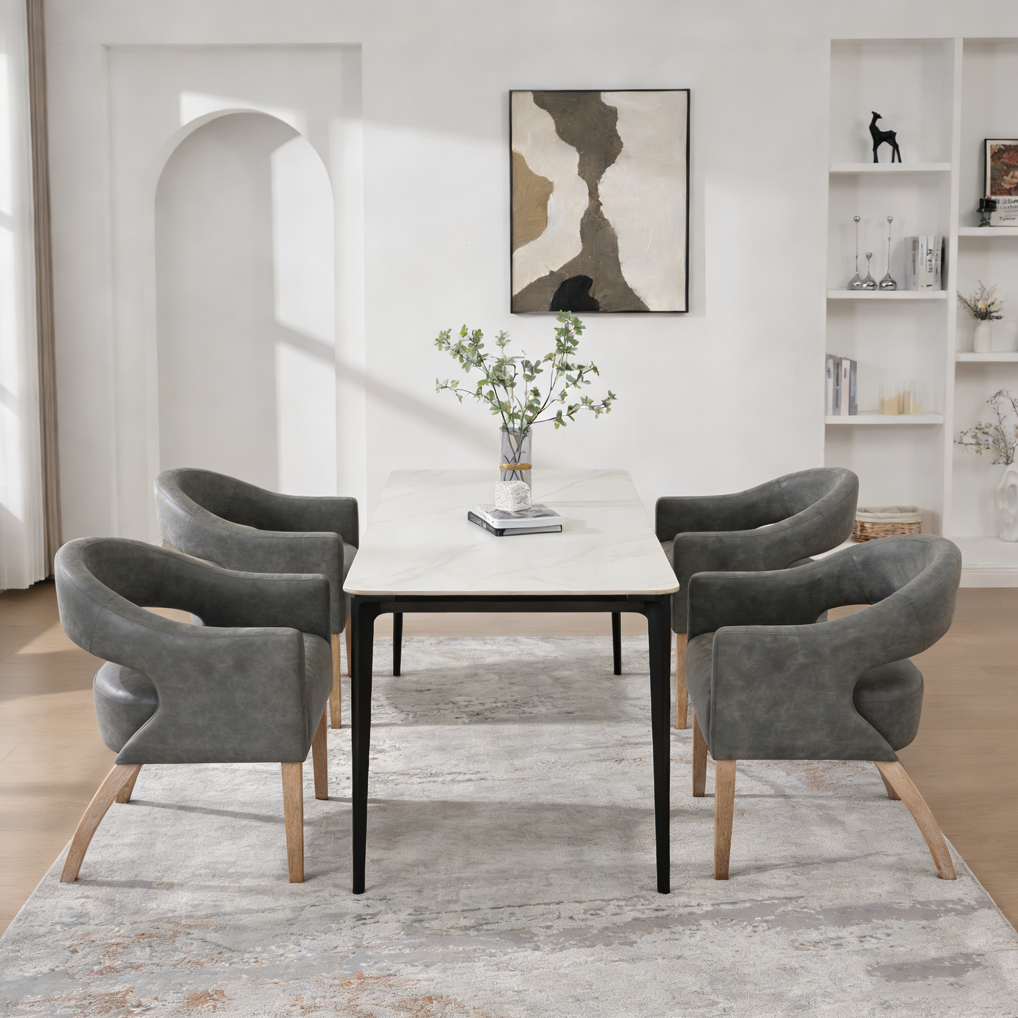 Modern PU Open Back Dining Chair Set of 4, Barrel Accent Armchair with Weathered Rubberwood Legs, Hollow-Out Club Kitchen Chair for Living Room Bedroom Restaurant Cafes Dining Room Reception, Gray - Image 3