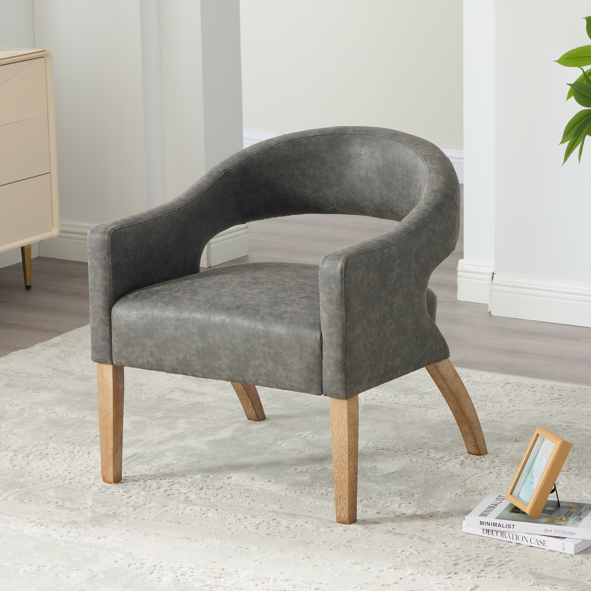 Modern Upholstered PU Open Back Accent Armchair Barrel Dining Chair with Weathered Rubberwood Legs, Hollow-Out Side Club Chair for Living Room Bedroom Restaurant Cafes Dining Room Reception,Gray - Image 3