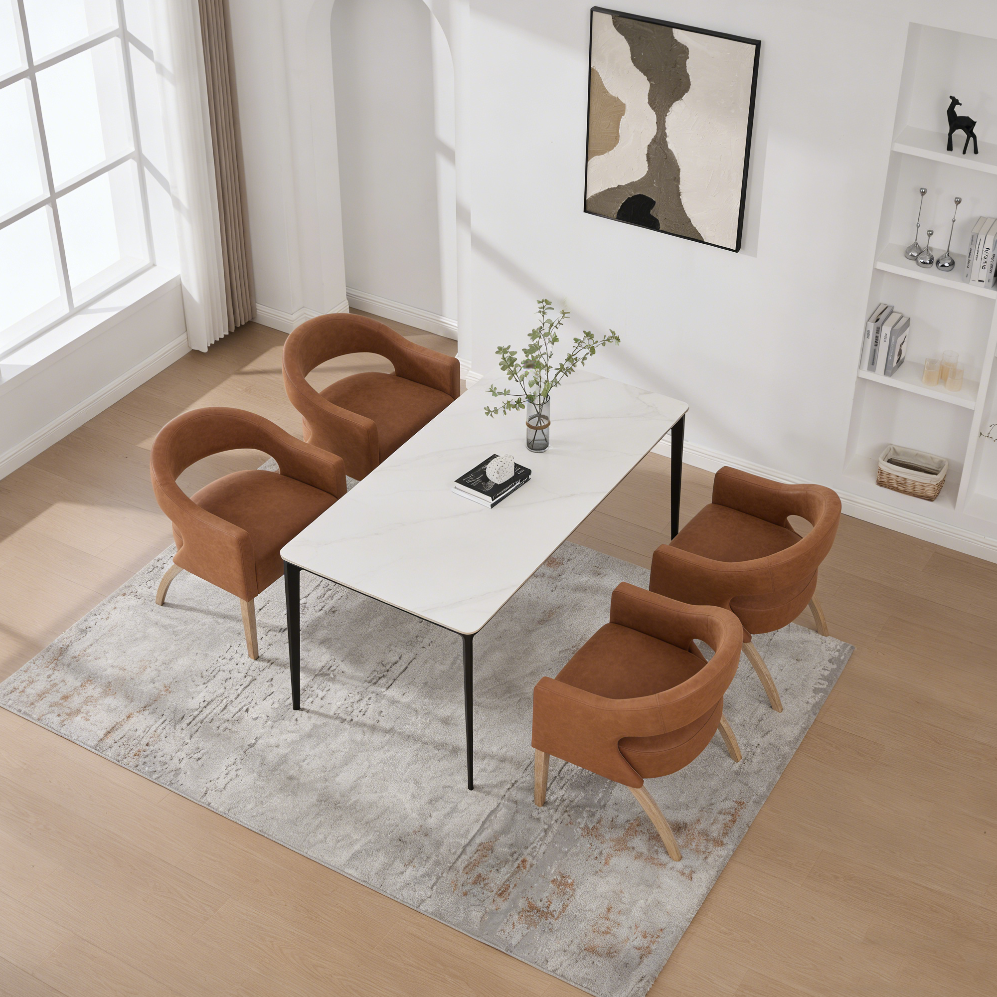 Modern PU Open Back Dining Chair Set of 4, Barrel Accent Armchair with Weathered Rubberwood Legs, Hollow-Out Club Kitchen Chair for Living Room Bedroom Restaurant Cafes Dining Room Reception,Brown - Image 2