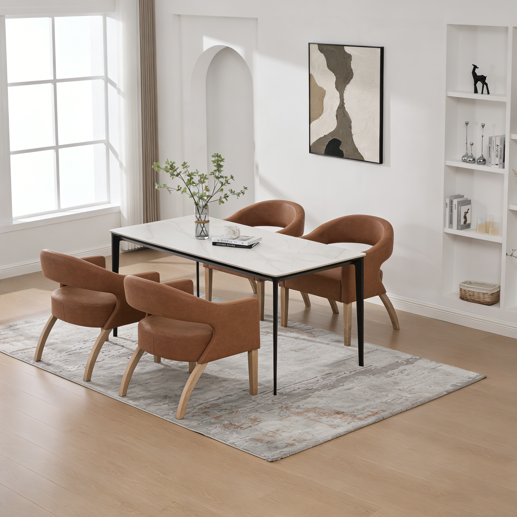 Modern PU Open Back Dining Chair Set of 4, Barrel Accent Armchair with Weathered Rubberwood Legs, Hollow-Out Club Kitchen Chair for Living Room Bedroom Restaurant Cafes Dining Room Reception,Brown - Image 3