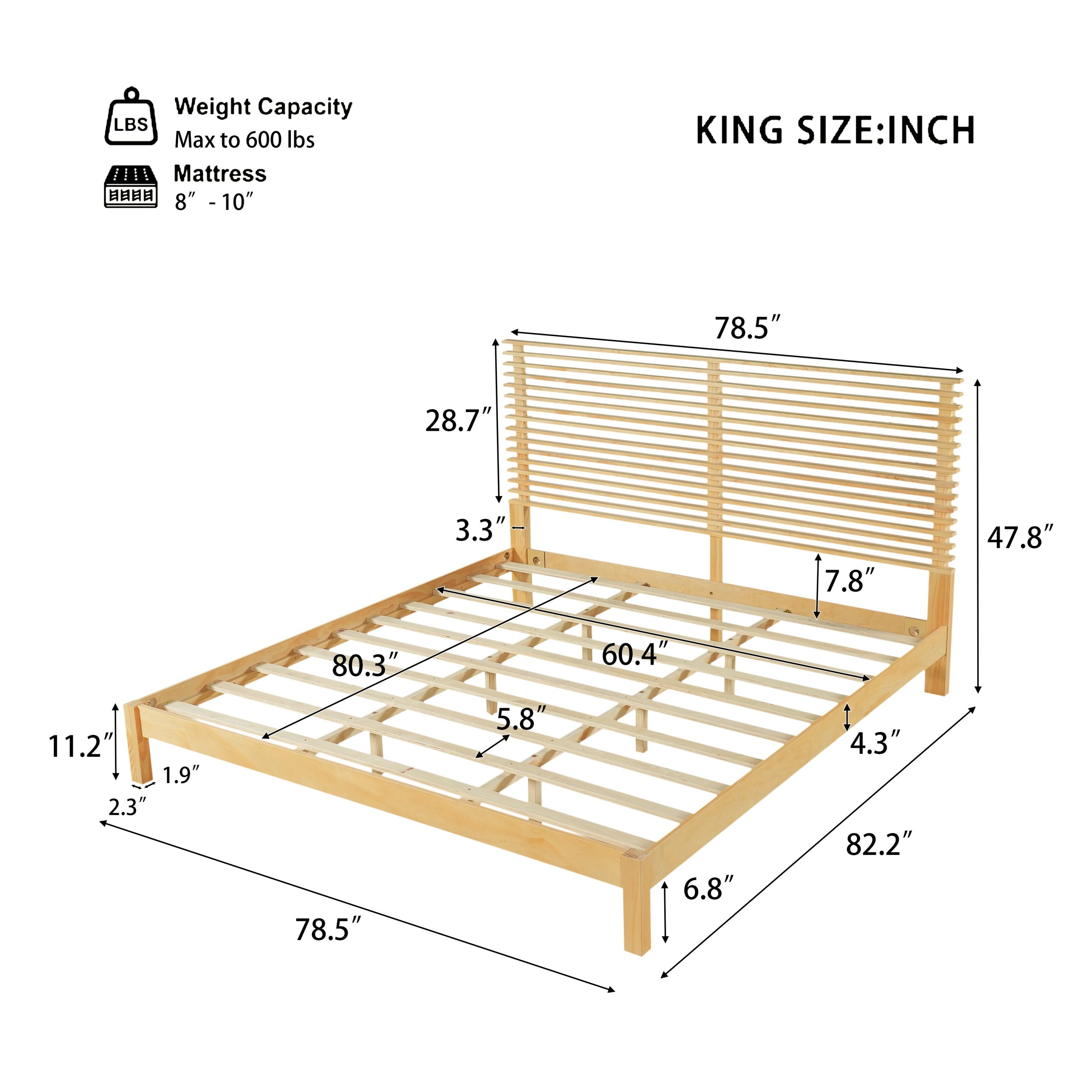 Premium Solid Wood King Size Bed Frame with Headboard,Natural Finish, 600lbs Capacity, for Modern Bedroom,No Box Spring Needed, Fits All Mattresses - Image 2