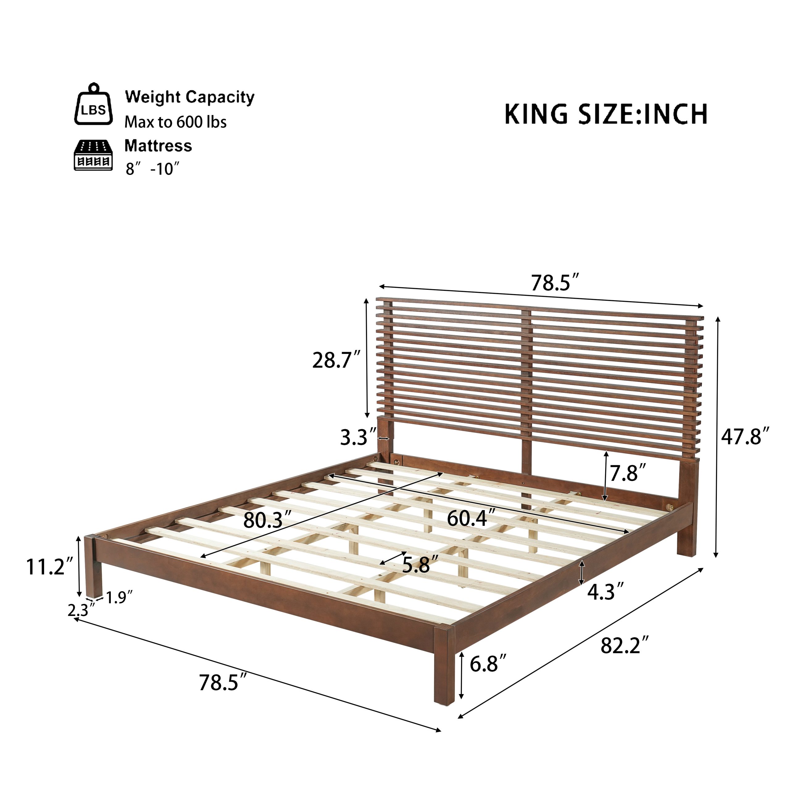 Premium Solid Wood King Size Bed Frame with Headboard, -Walnut Color, 600lbs Capacity, for Modern Bedroom,No Box Spring Needed, Fits All Mattresses - Image 2