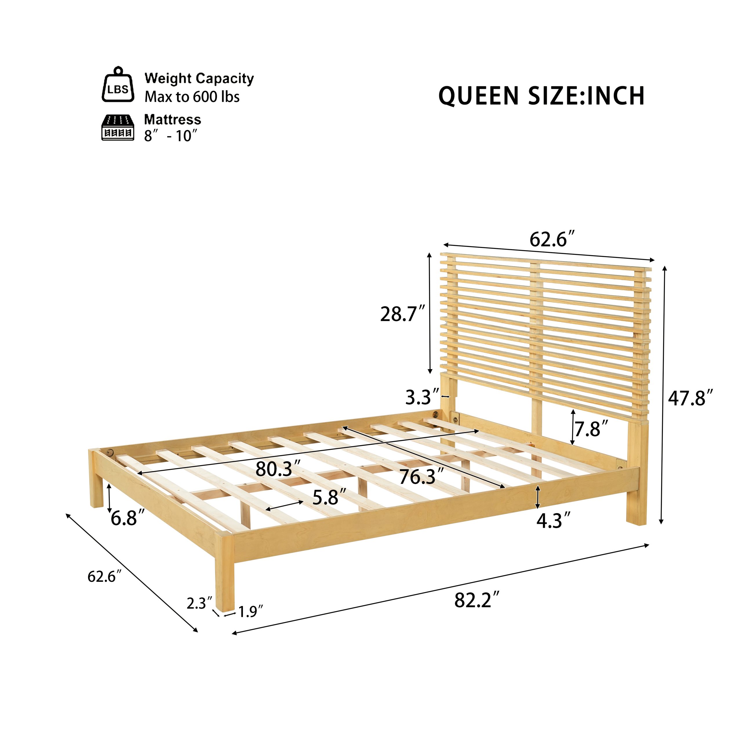 Premium Solid Wood Queen Size Platform Bed Frame with Horizontal Slat Headboard, Modern Natural Wood Bedroom Furniture, 600 lbs Weight Capacity,No Box Spring Needed, Fits All Mattresses - Image 2