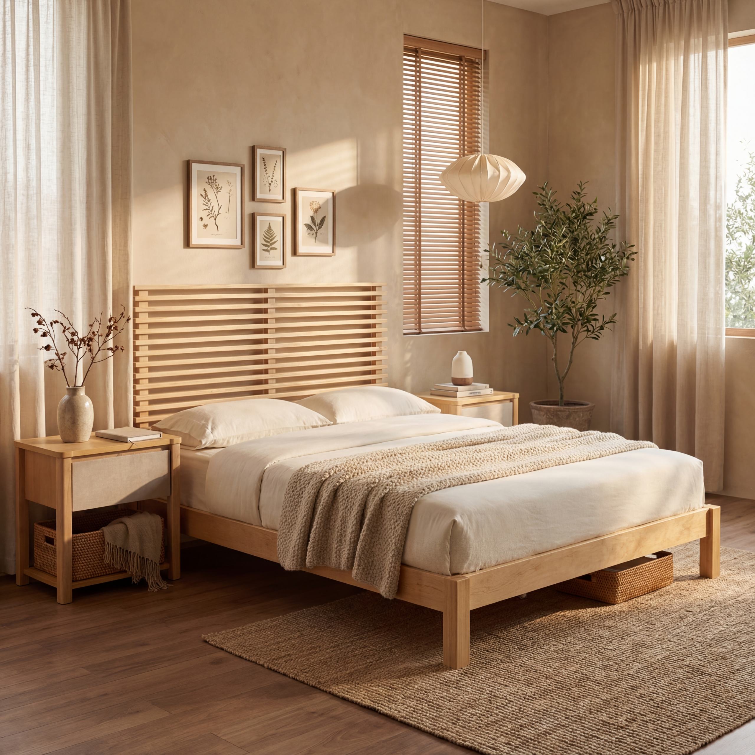 Premium Solid Wood Queen Size Platform Bed Frame with Horizontal Slat Headboard, Modern Natural Wood Bedroom Furniture, 600 lbs Weight Capacity,No Box Spring Needed, Fits All Mattresses - Image 3