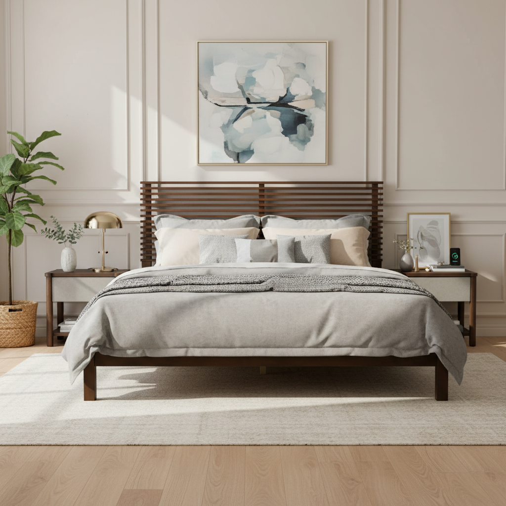 Premium Solid Wood Queen Size Platform Bed Frame with Horizontal Slat Headboard, Modern Walnut Wood Bedroom Furniture, 600 lbs Weight Capacity,No Box Spring Needed, Fits All Mattresses - Image 1