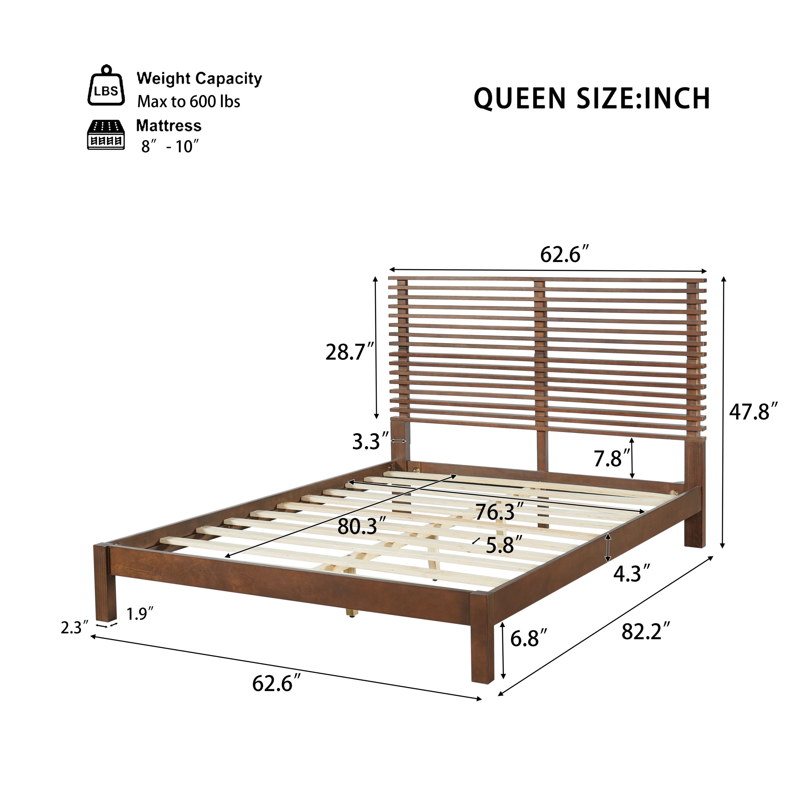 Premium Solid Wood Queen Size Platform Bed Frame with Horizontal Slat Headboard, Modern Walnut Wood Bedroom Furniture, 600 lbs Weight Capacity,No Box Spring Needed, Fits All Mattresses - Image 2
