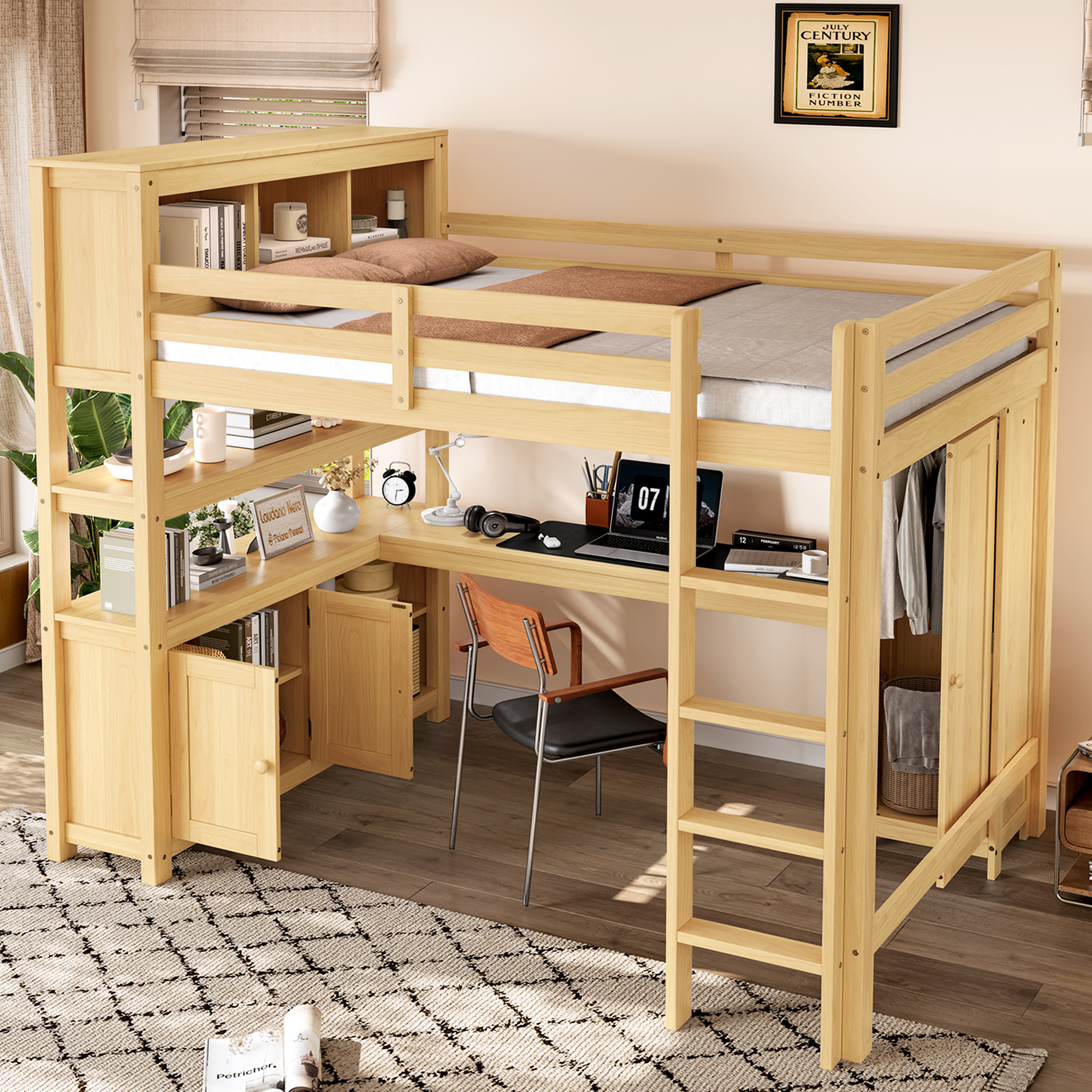 Wood Loft Bed with Cabinet and Bookshelf, Queen Size Loft with Wardrobe and Desk for Kids,Natural - Image 2