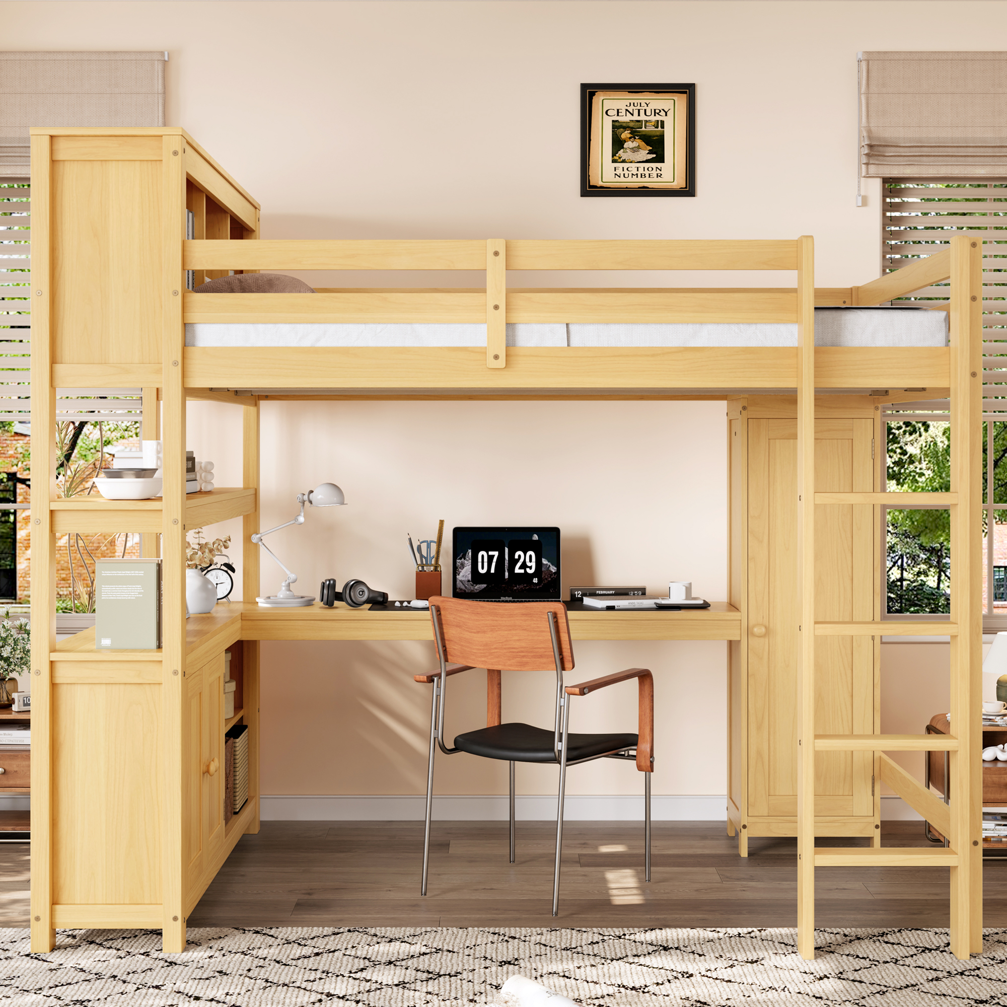 Wood Loft Bed with Cabinet and Bookshelf, Queen Size Loft with Wardrobe and Desk for Kids,Natural - Image 3