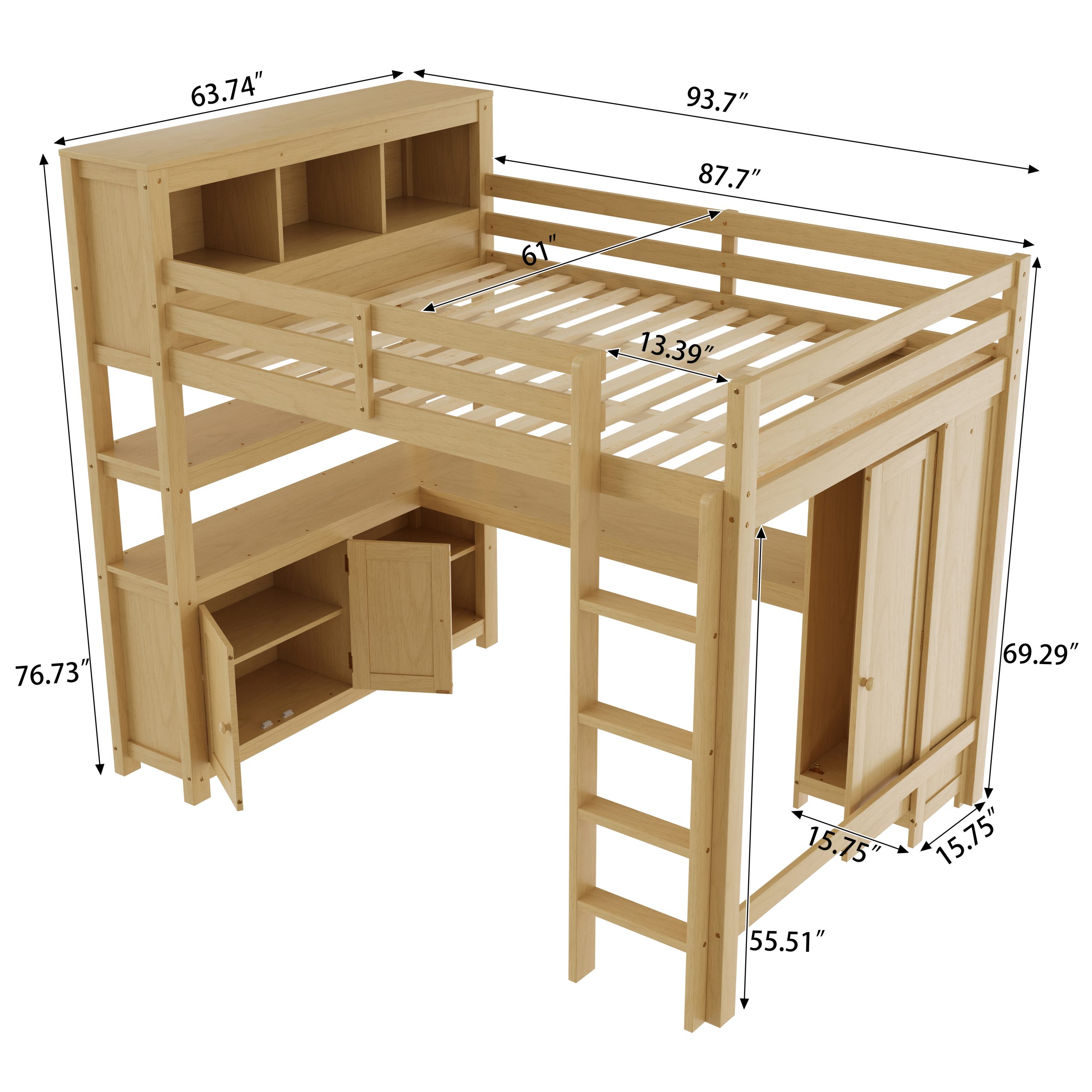 Wood Loft Bed with Cabinet and Bookshelf, Queen Size Loft with Wardrobe and Desk for Kids,Natural - Image 4