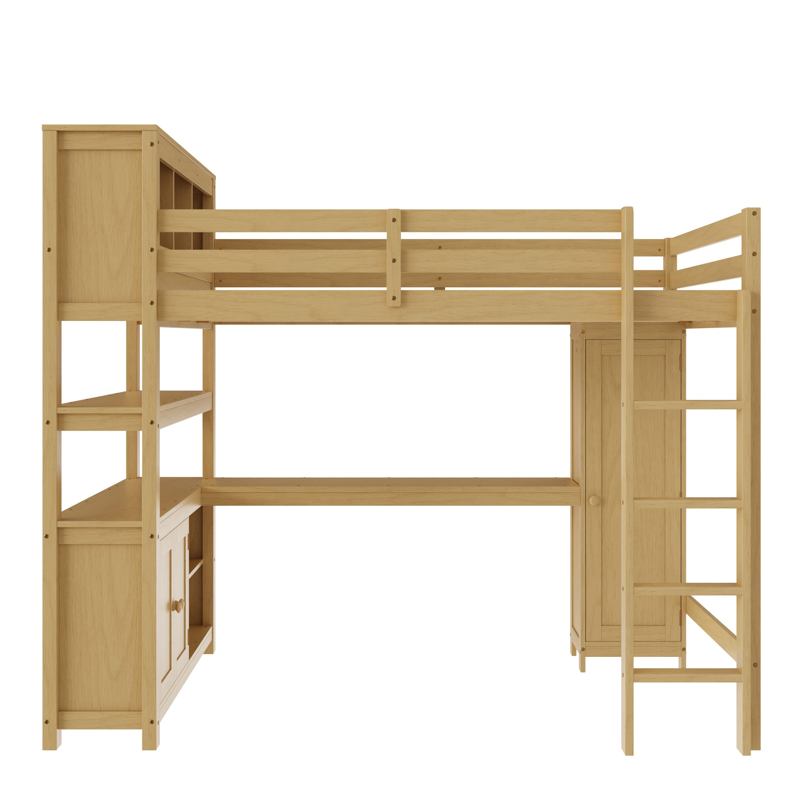 Wood Loft Bed with Cabinet and Bookshelf, Queen Size Loft with Wardrobe and Desk for Kids,Natural - Image 5