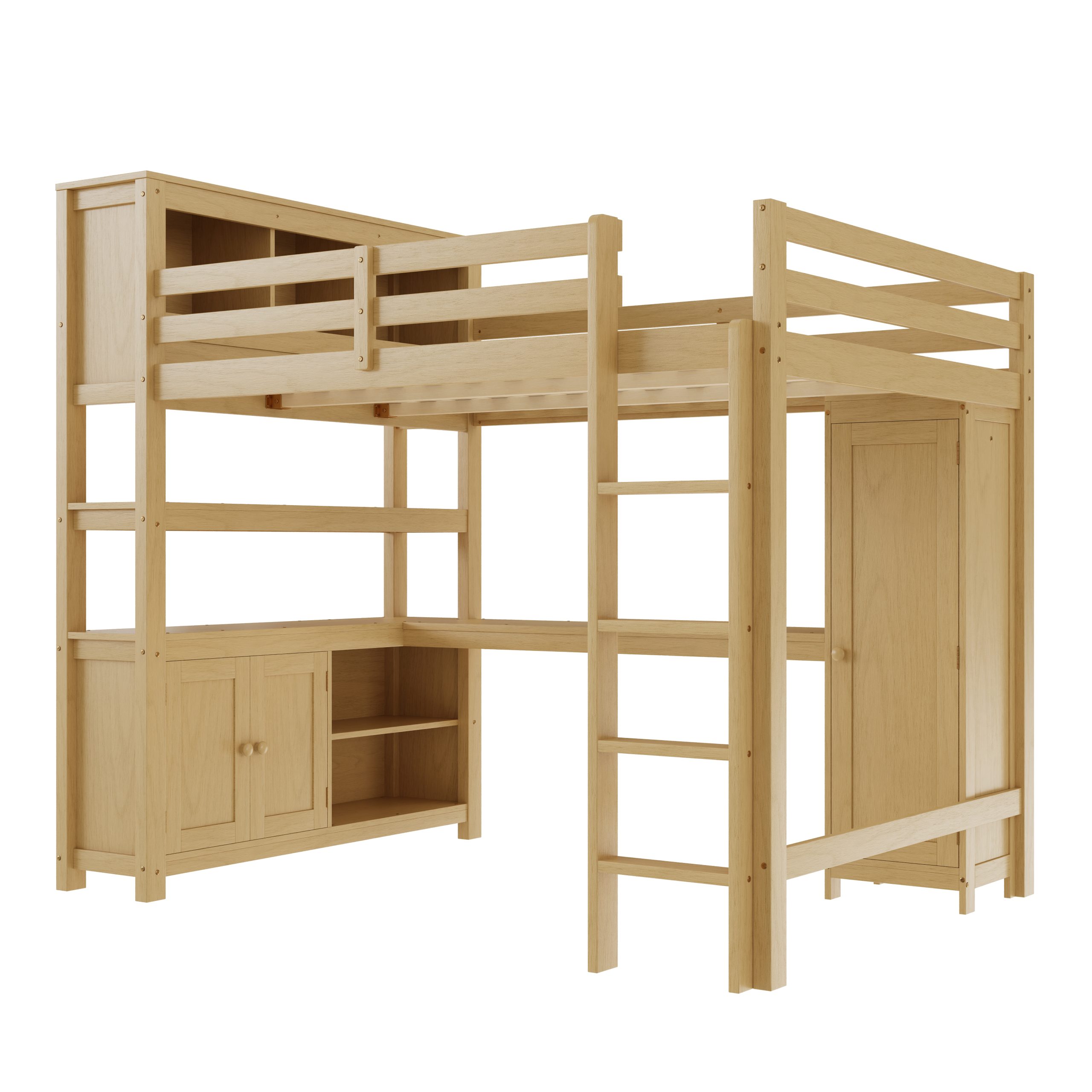 Wood Loft Bed with Cabinet and Bookshelf, Queen Size Loft with Wardrobe and Desk for Kids,Natural - Image 6